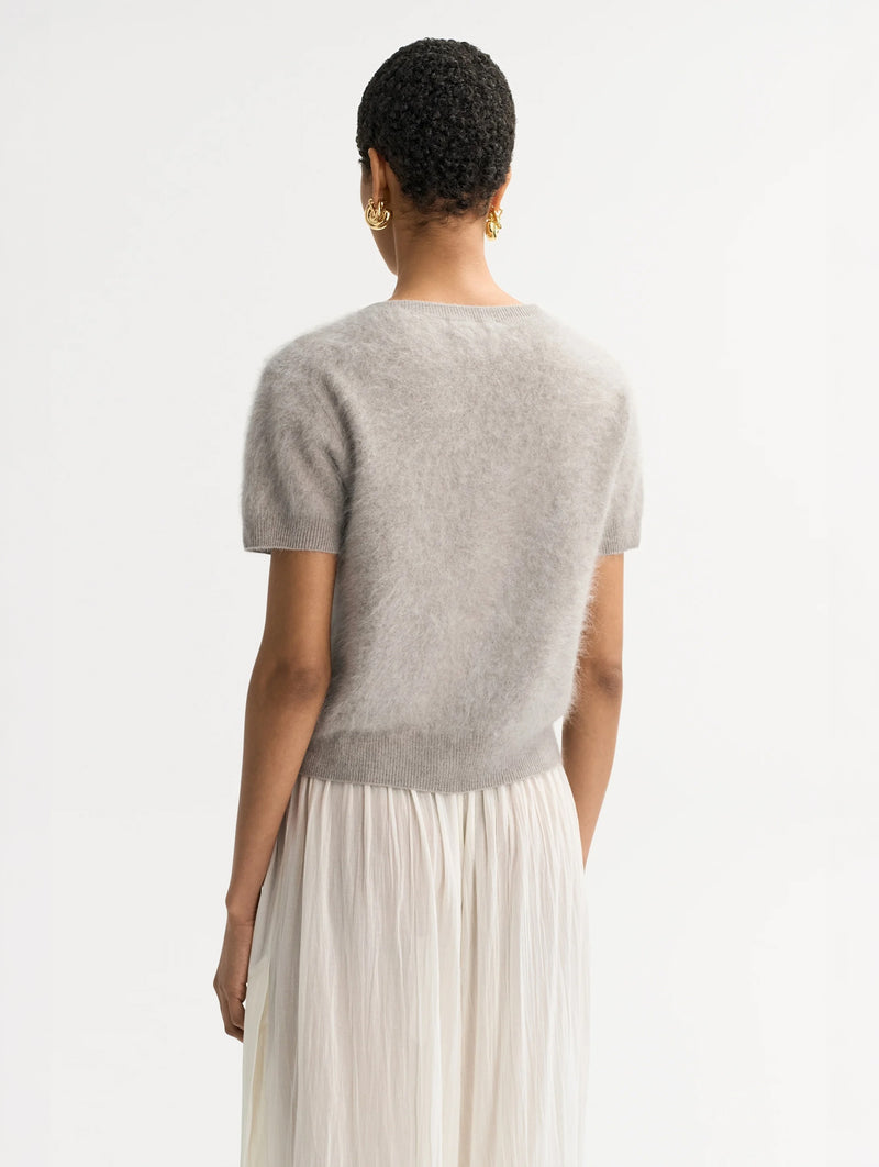 Brushed Cashmere Short Sleeve Cardigan in Greige
