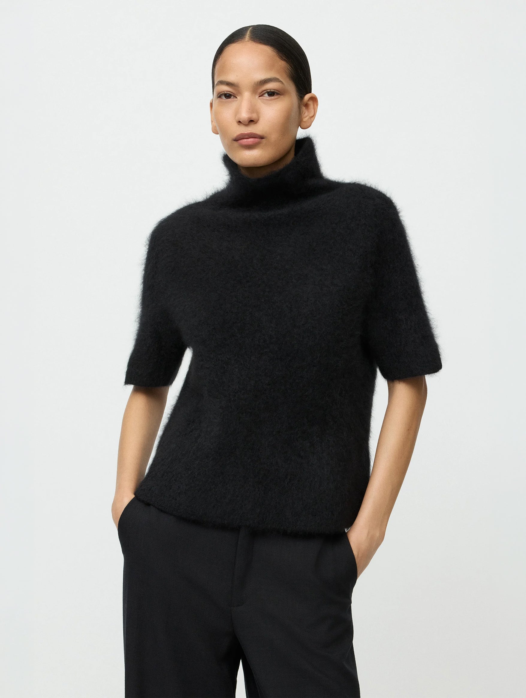 Brushed Short Sleeve Turtleneck in Black