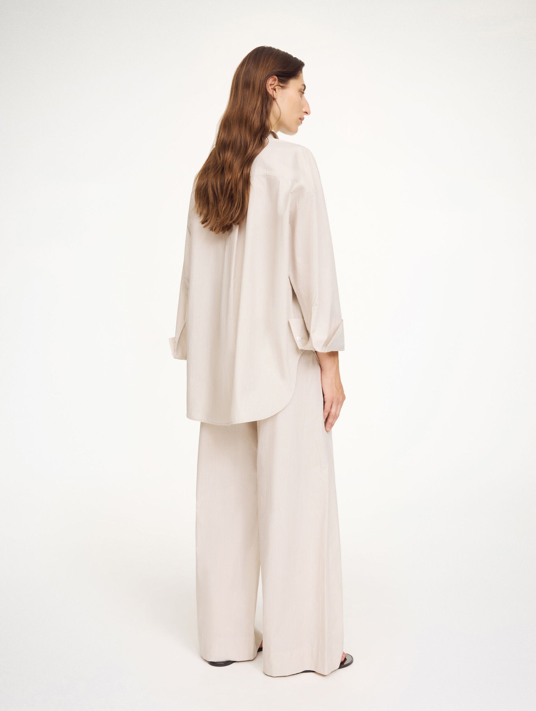 Derris Organic Cotton Shirt in Beige Thin Stripe