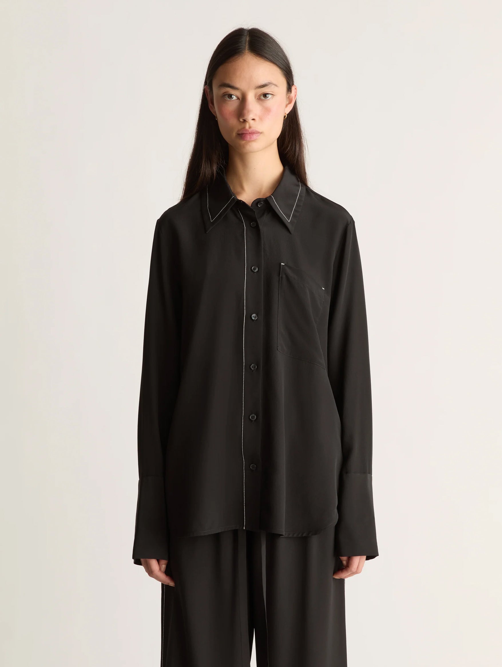 Cassini Long Sleeve Silk Shirt in Black