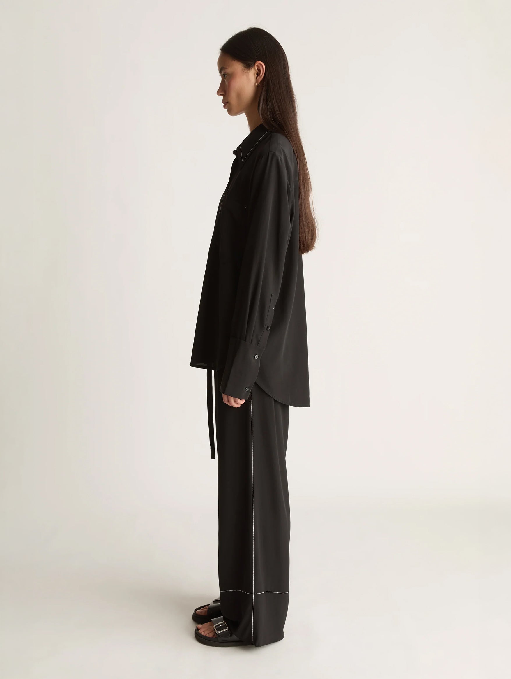 Cassini Long Sleeve Silk Shirt in Black