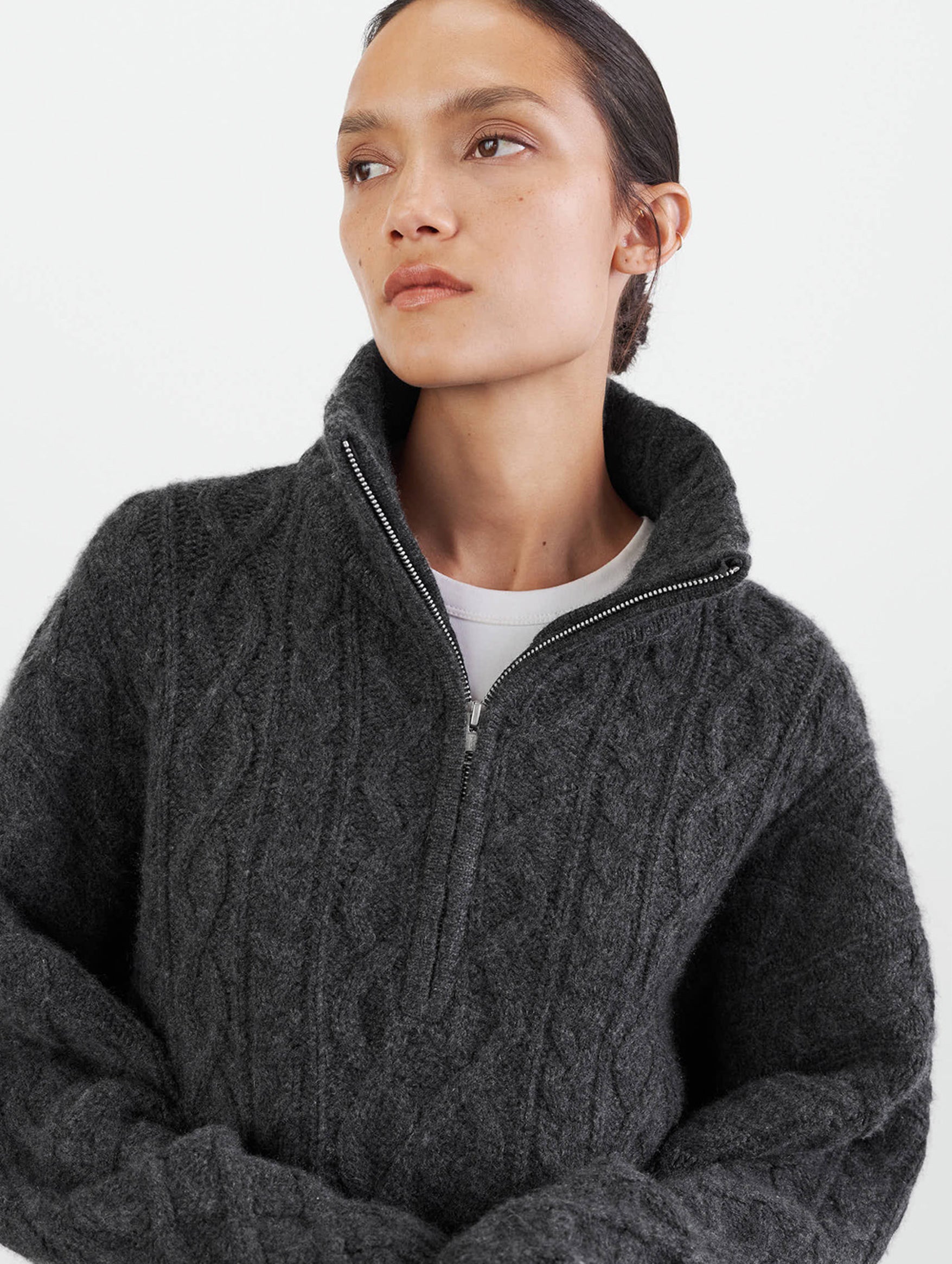 Chunky Cable Knit Zip in Charcoal