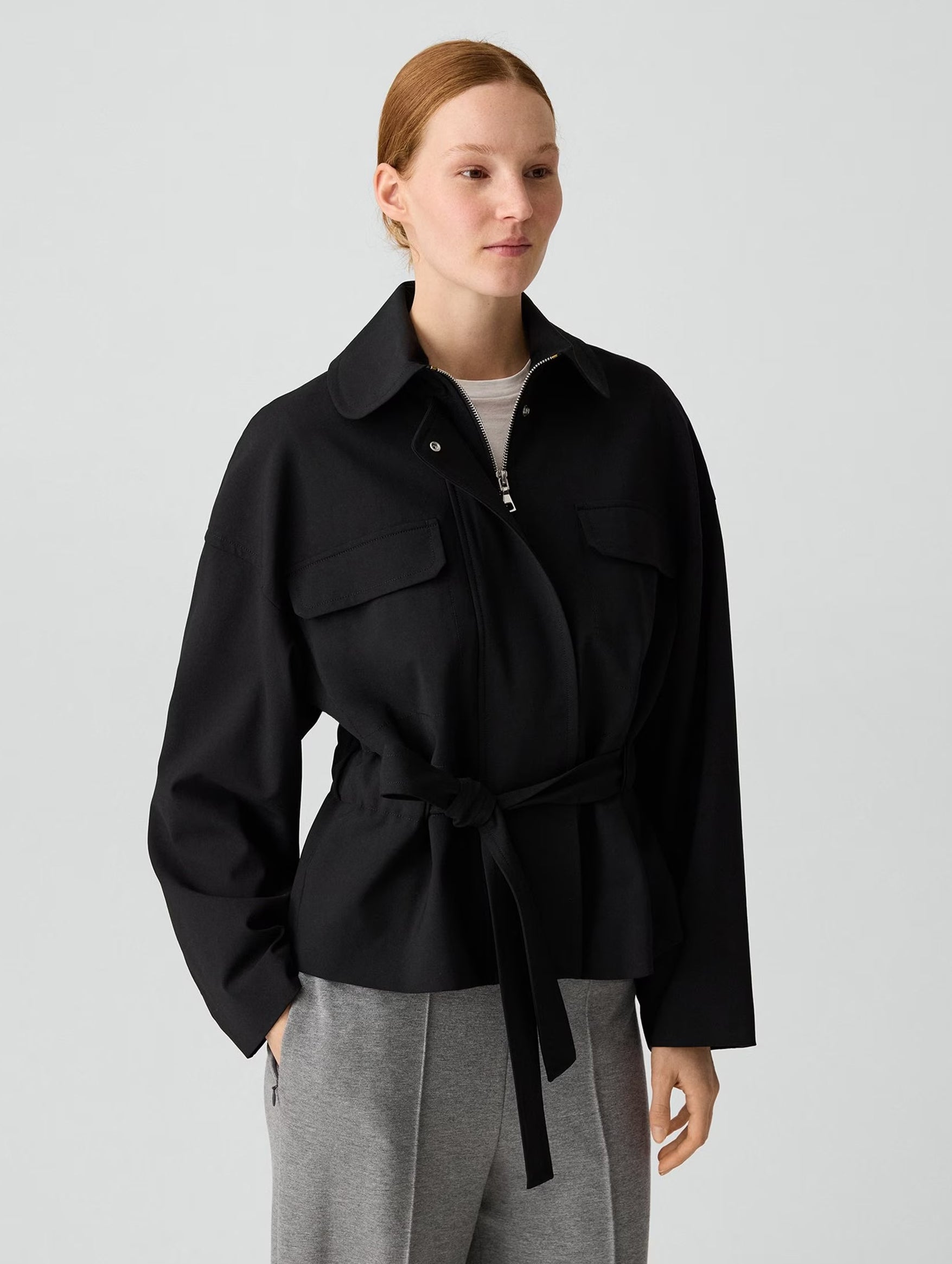 Cinched Wool Flight Jacket in Black