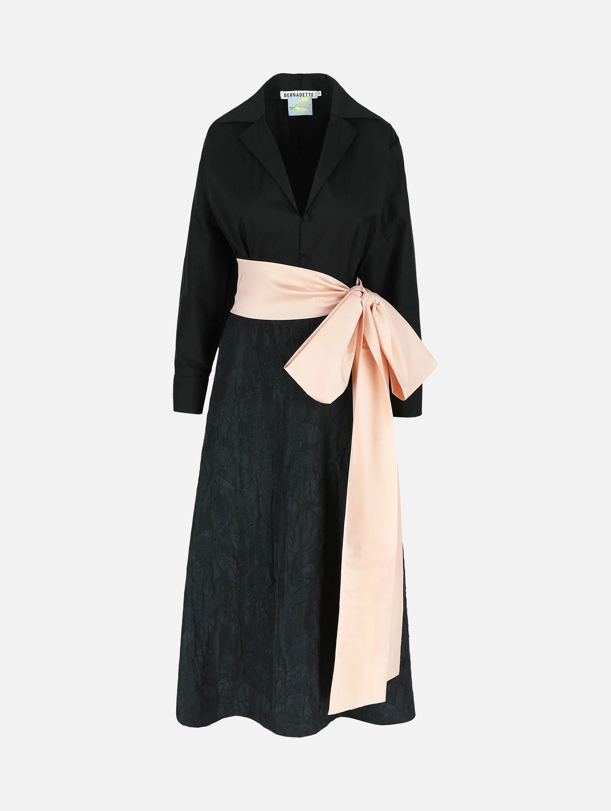 Clarence Dress in Black Embossed Camellia and Creta Pink