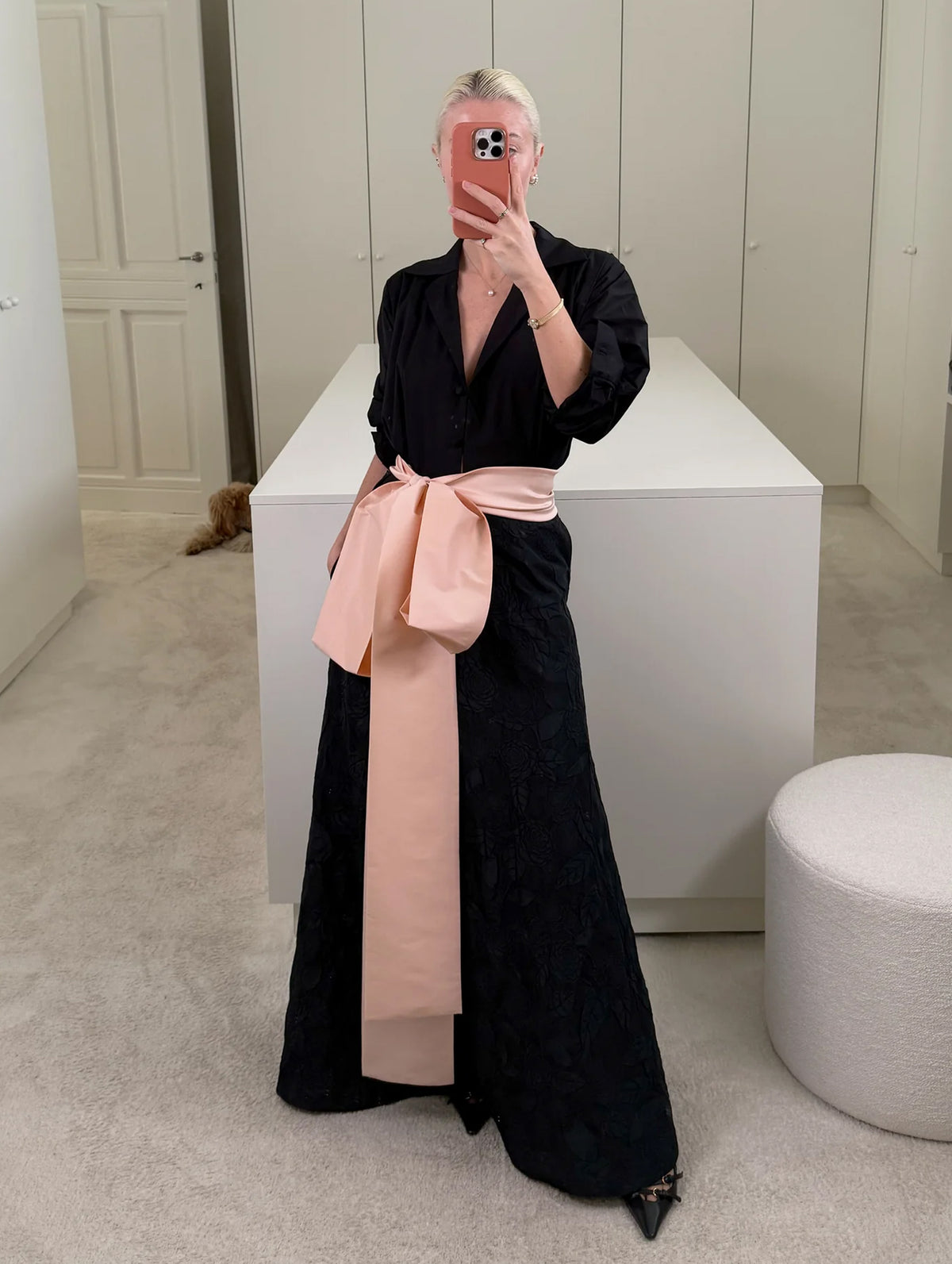 Clarence Dress in Black Embossed Camellia and Creta Pink