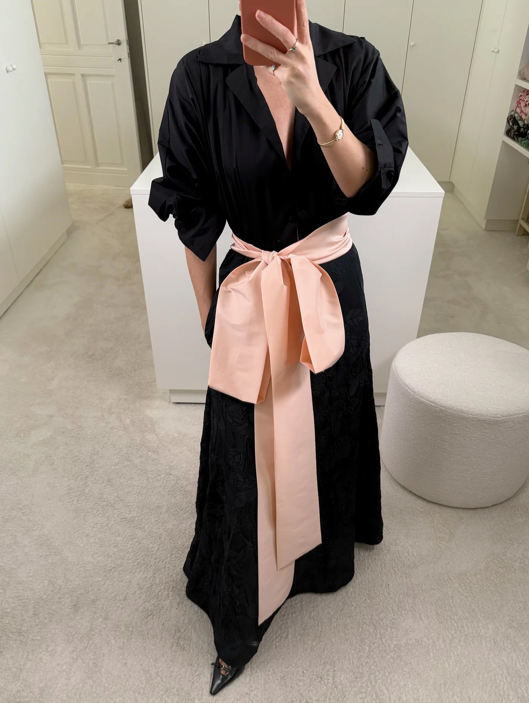 Clarence Dress in Black Embossed Camellia and Creta Pink