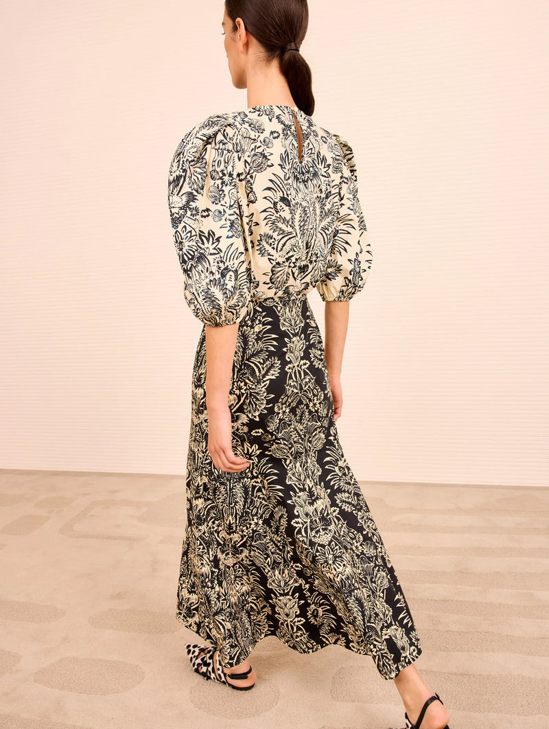 Clarisse Trumpet Midi Skirt in Noir Flora