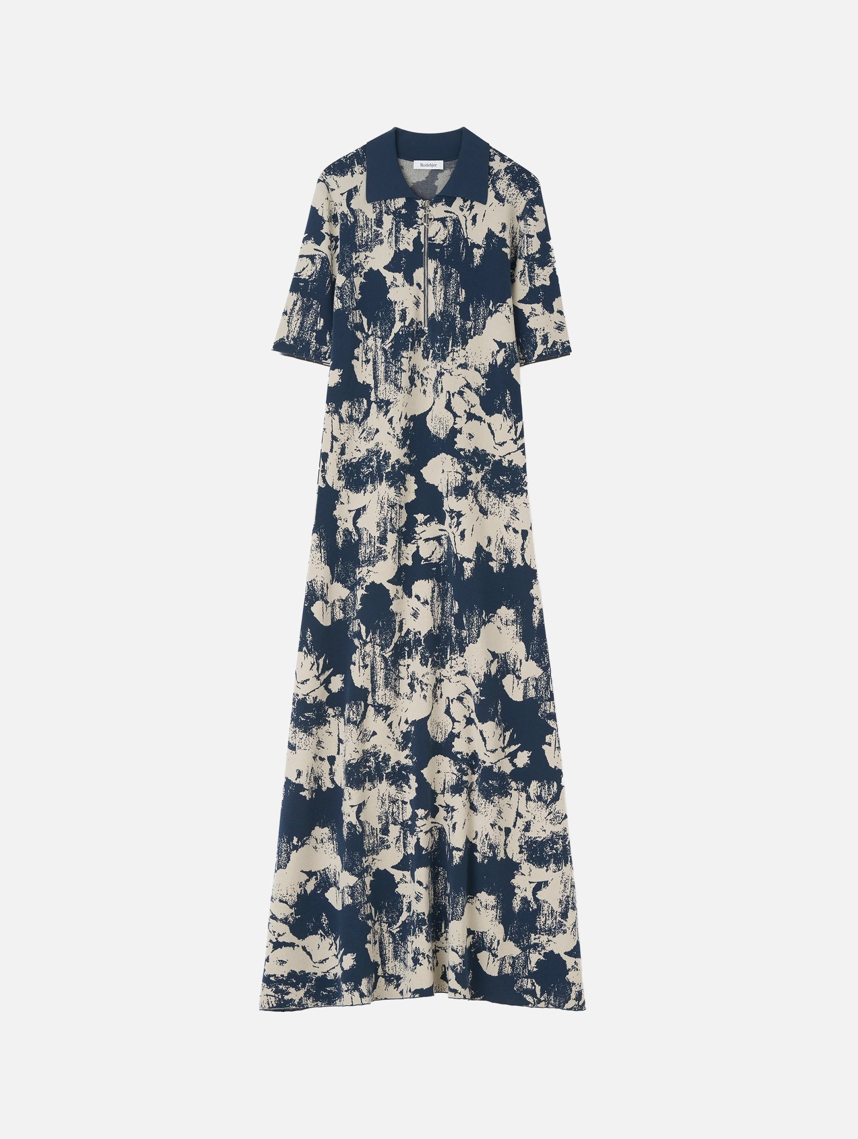 Clover Jacquard Knit Polo Shirtdress in Navy and Sand