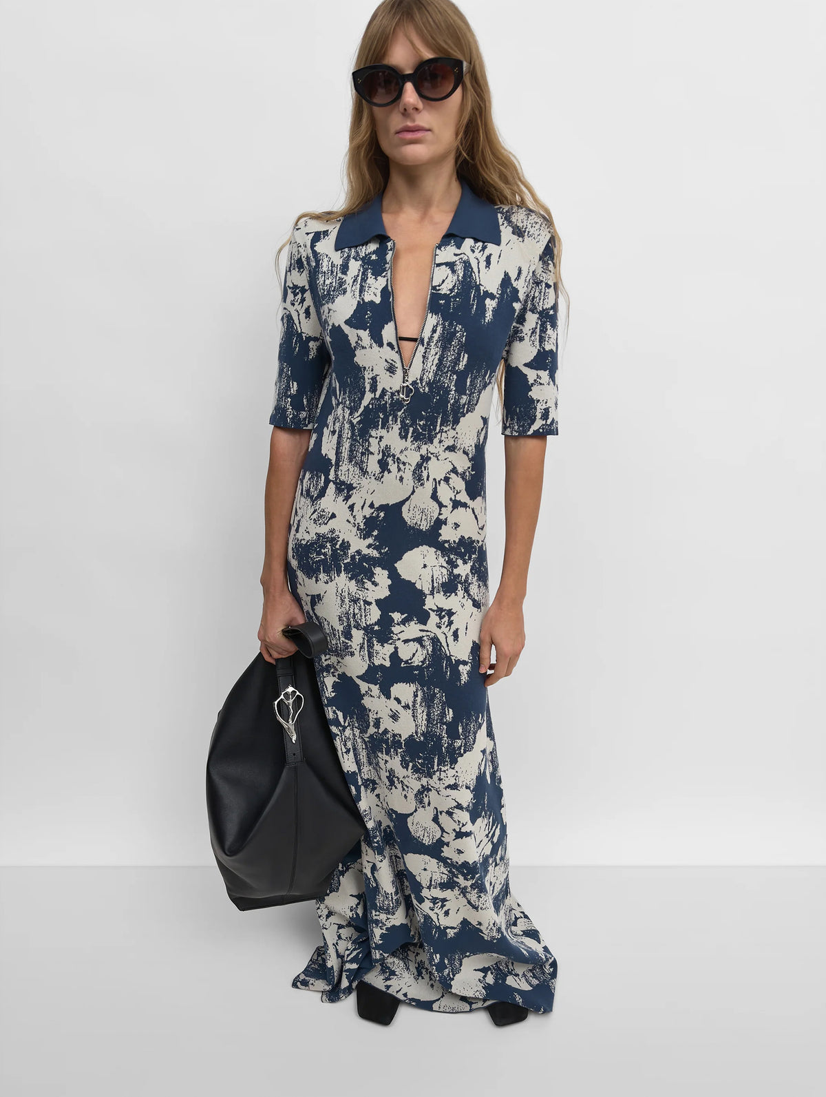 Clover Jacquard Knit Polo Shirtdress in Navy and Sand
