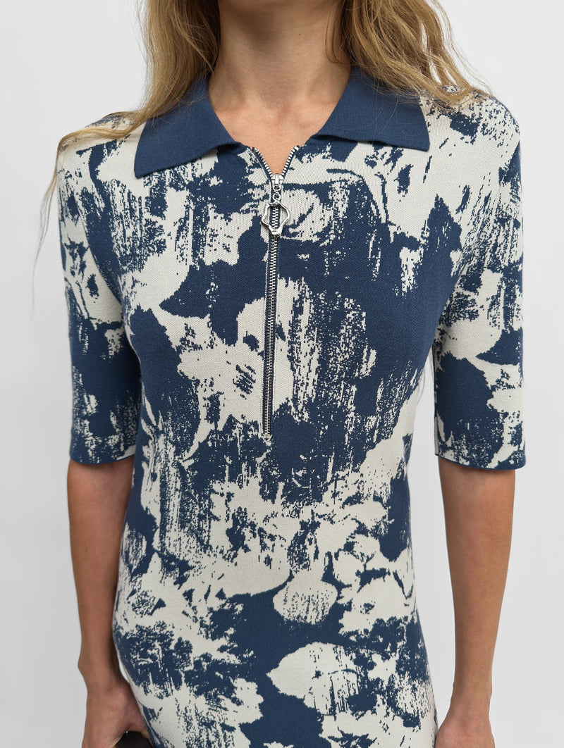 Clover Jacquard Knit Polo Shirtdress in Navy and Sand