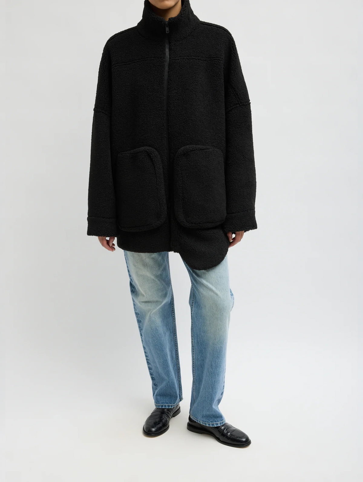 Cozy Fleece Cubic Zip Up Bomber in Black