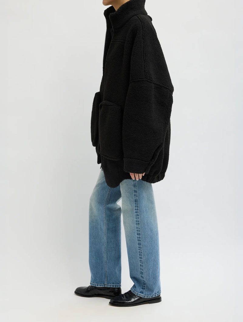 Cozy Fleece Cubic Zip Up Bomber in Black