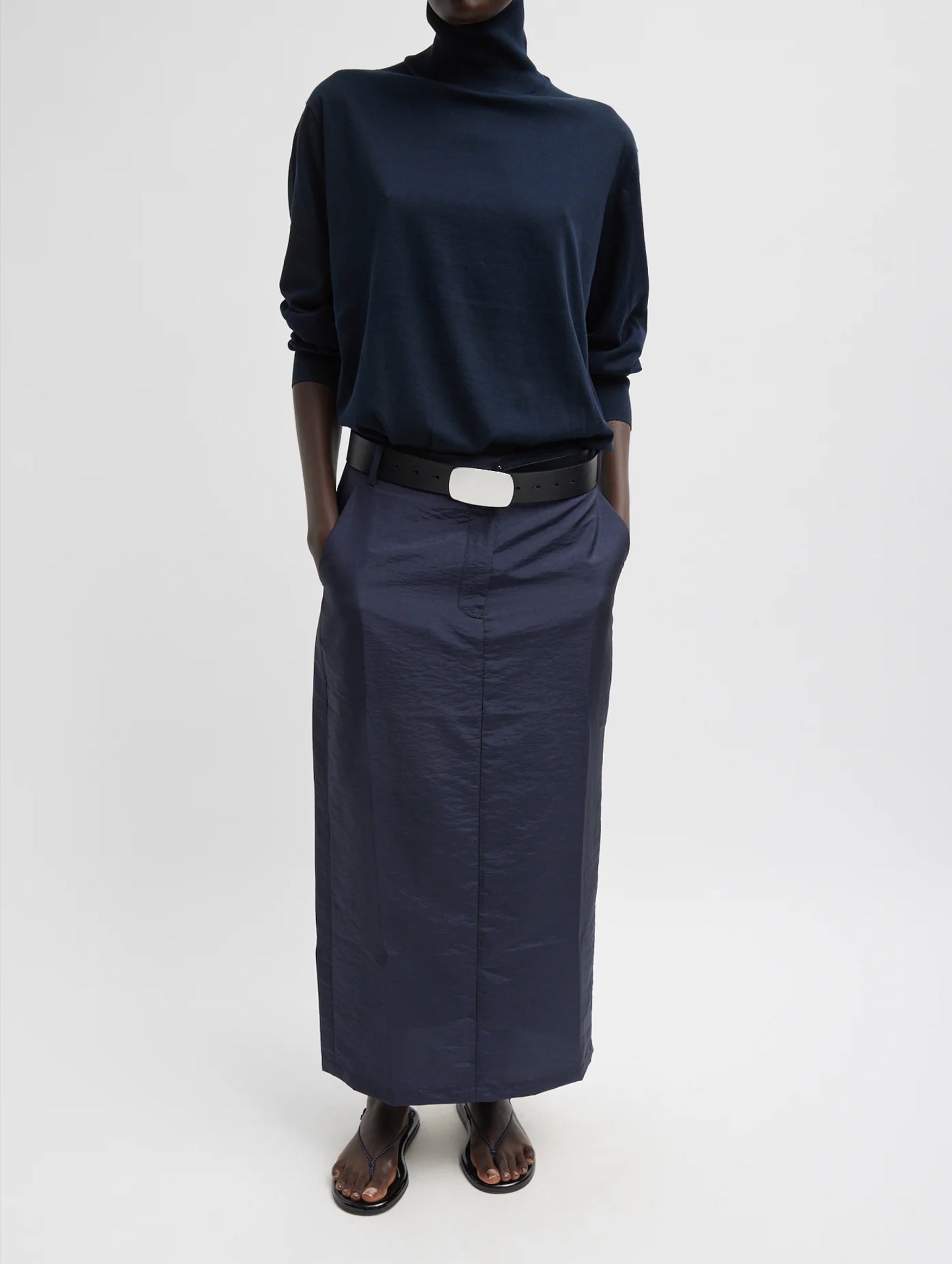 Crispy Nylon Maxi Skirt in Navy