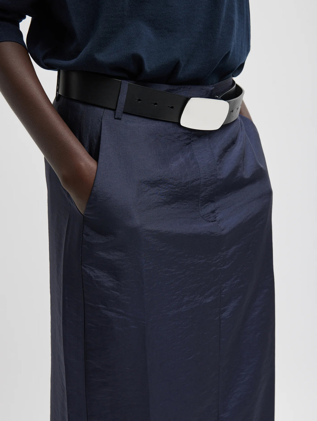 Crispy Nylon Maxi Skirt in Navy