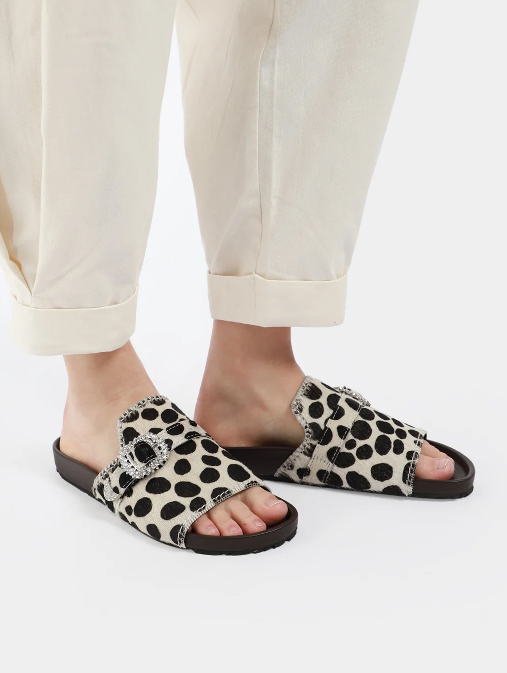 Crystal Buckle Animal Sandal in Calf Print