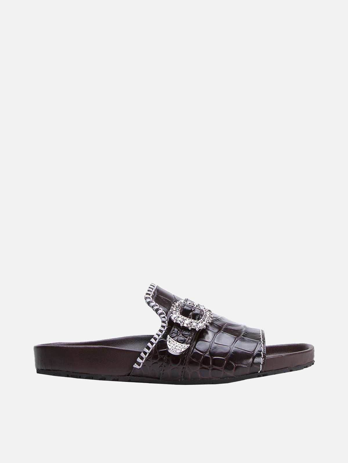 Crystal Buckle Leather Sandal in Brown