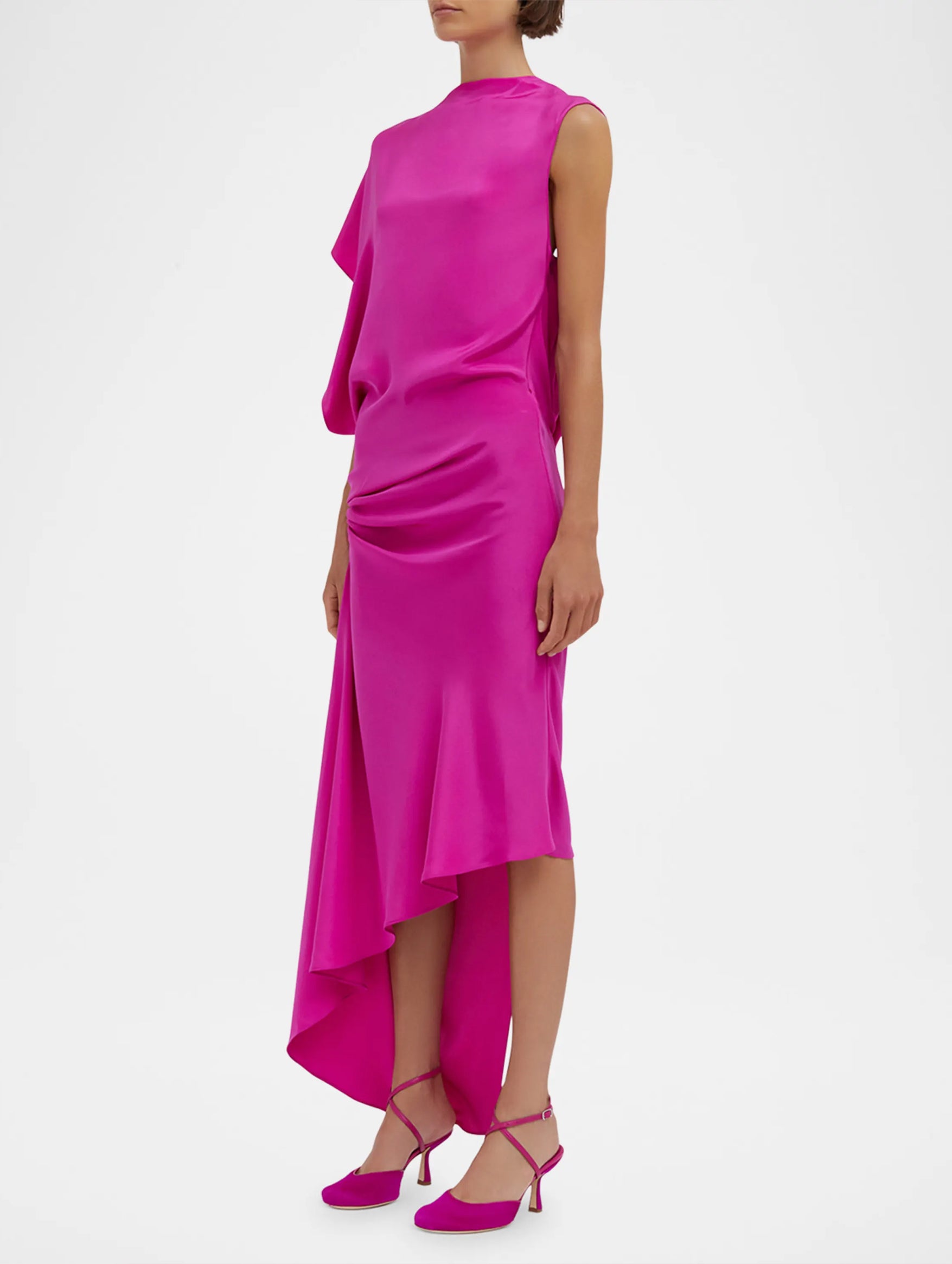 Cusco Silk Drape Midi Dress in Rhodamine