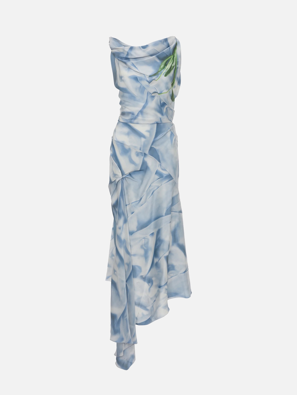 Asymmetric Draped Midi Dress in Ice Blue Satin Flowers