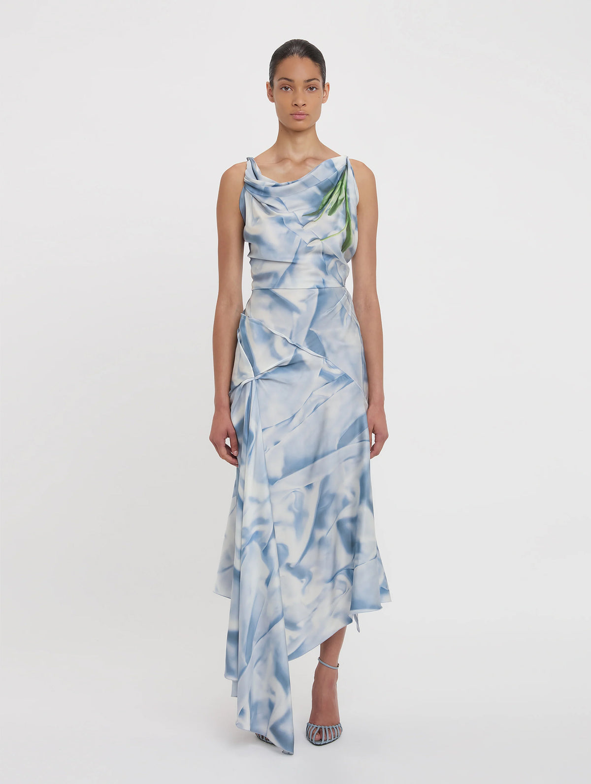 Asymmetric Draped Midi Dress in Ice Blue Satin Flowers