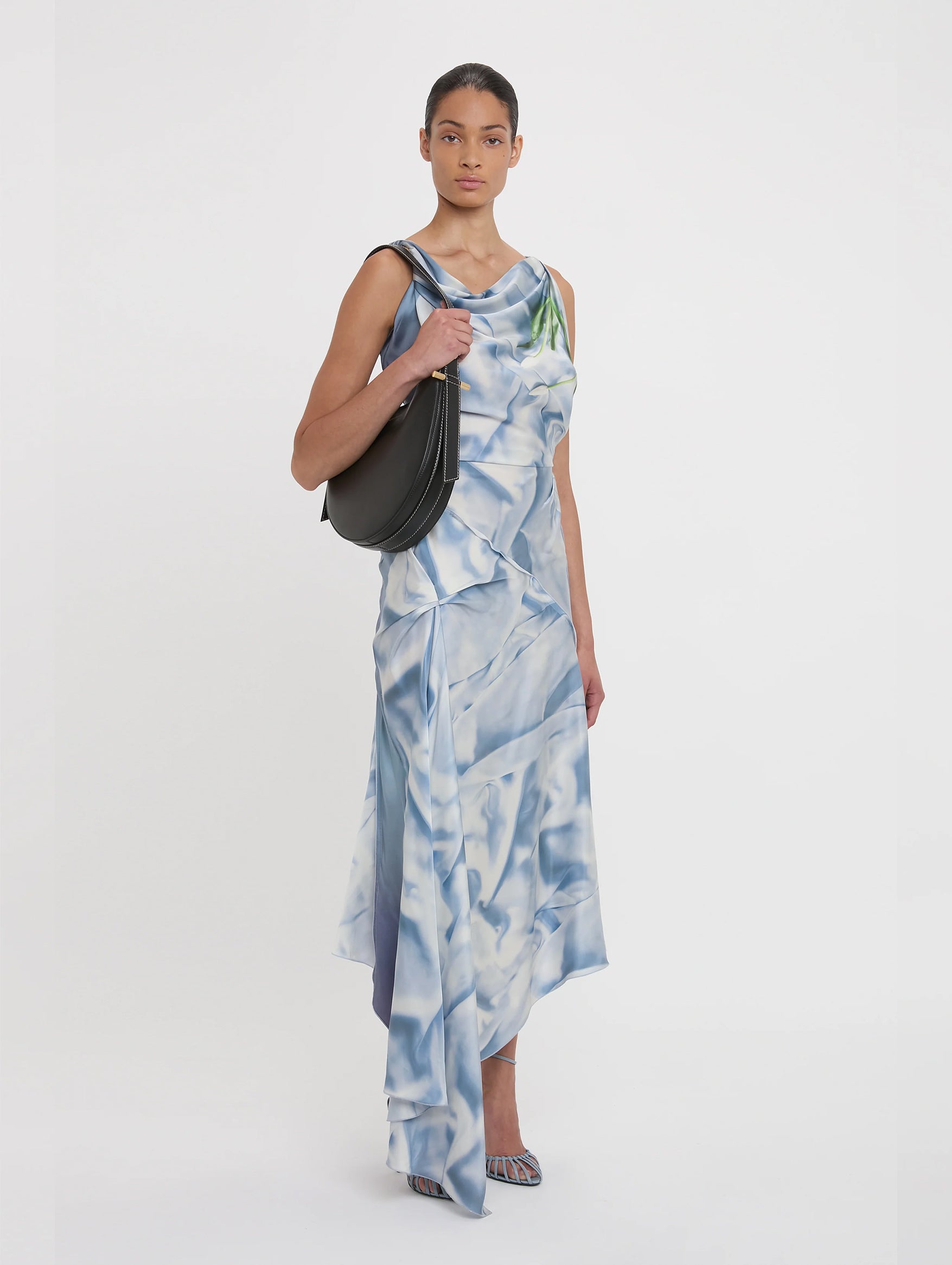 Asymmetric Draped Midi Dress in Ice Blue Satin Flowers