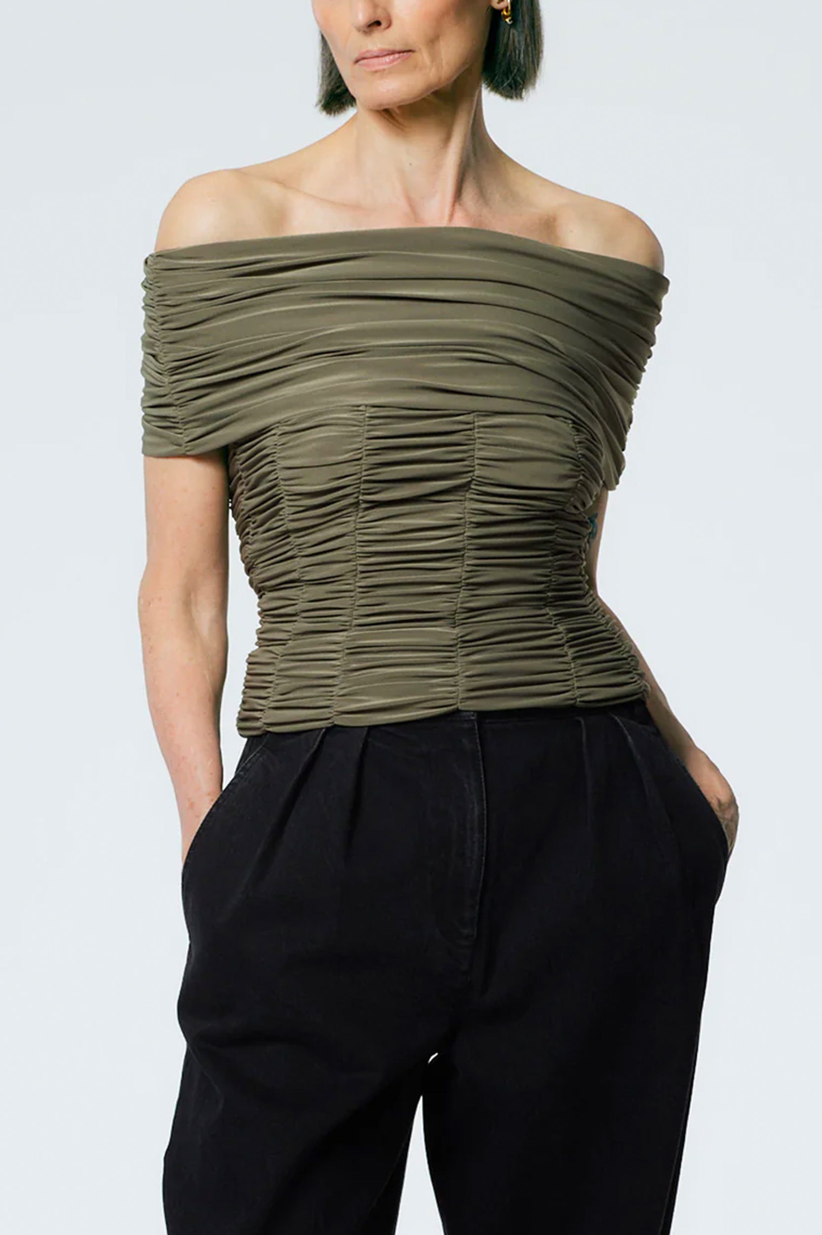 Drapey Jersey Ruched Strapless Top in Granite