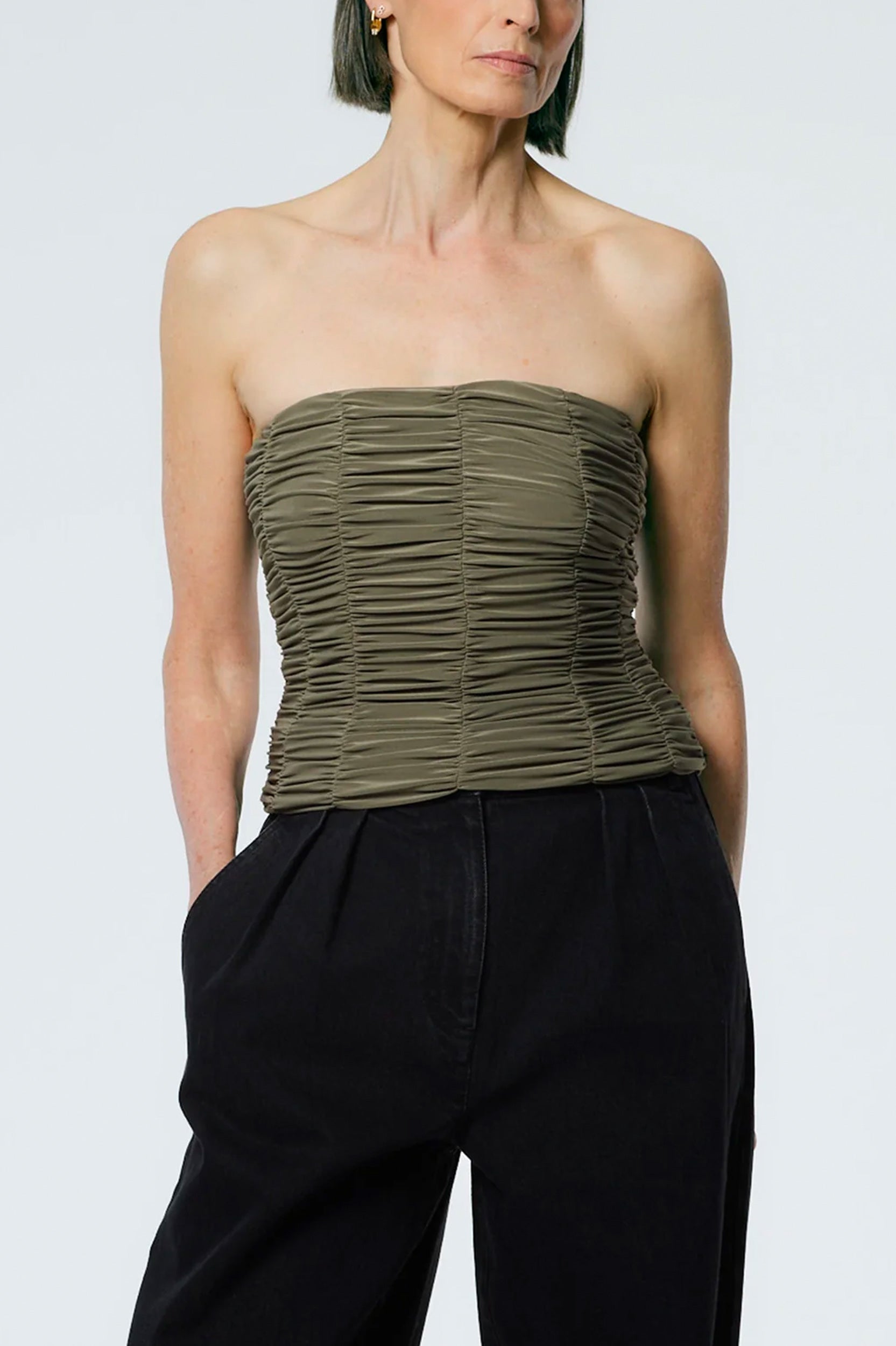 Drapey Jersey Ruched Strapless Top in Granite