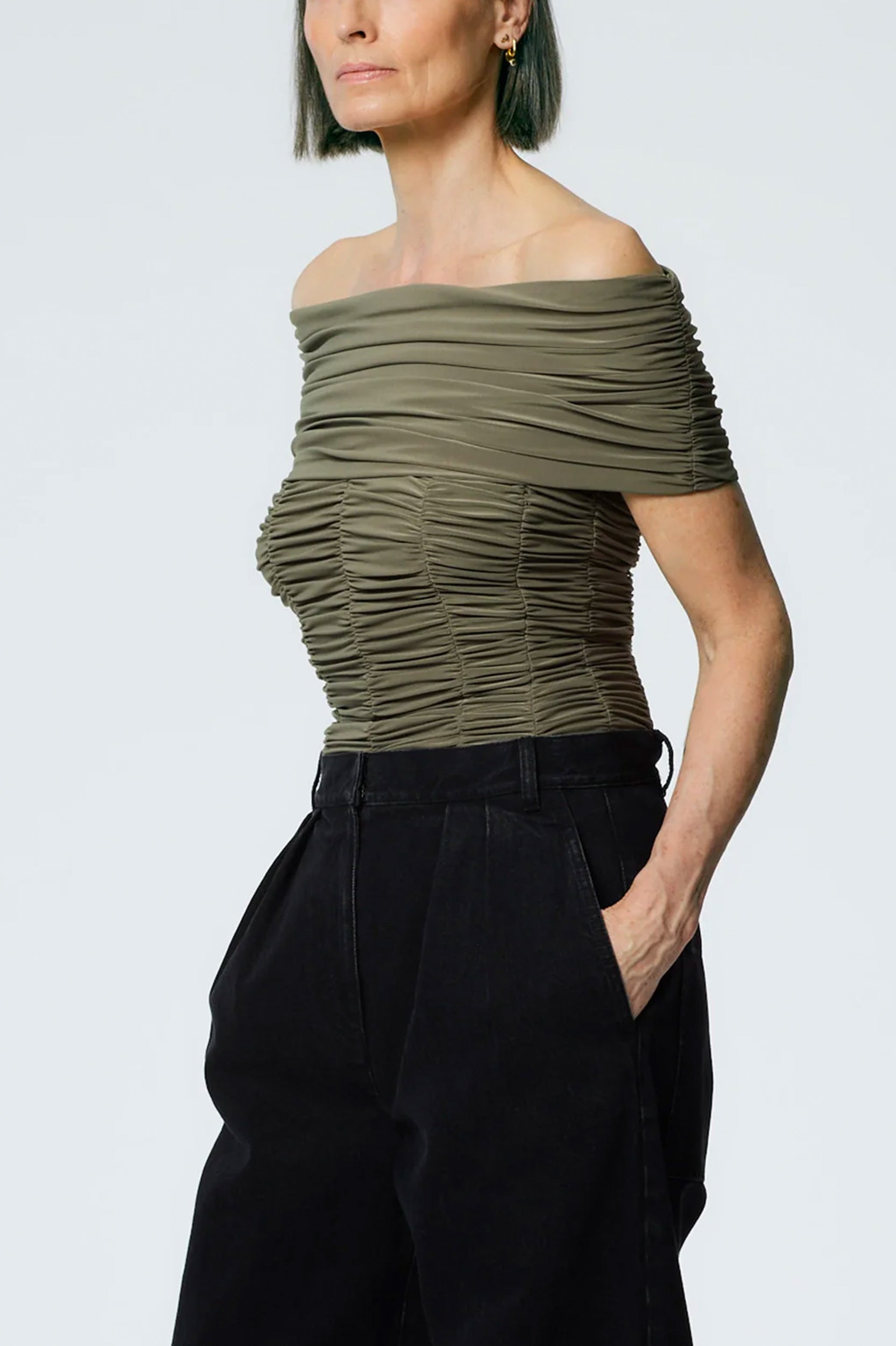 Drapey Jersey Ruched Strapless Top in Granite