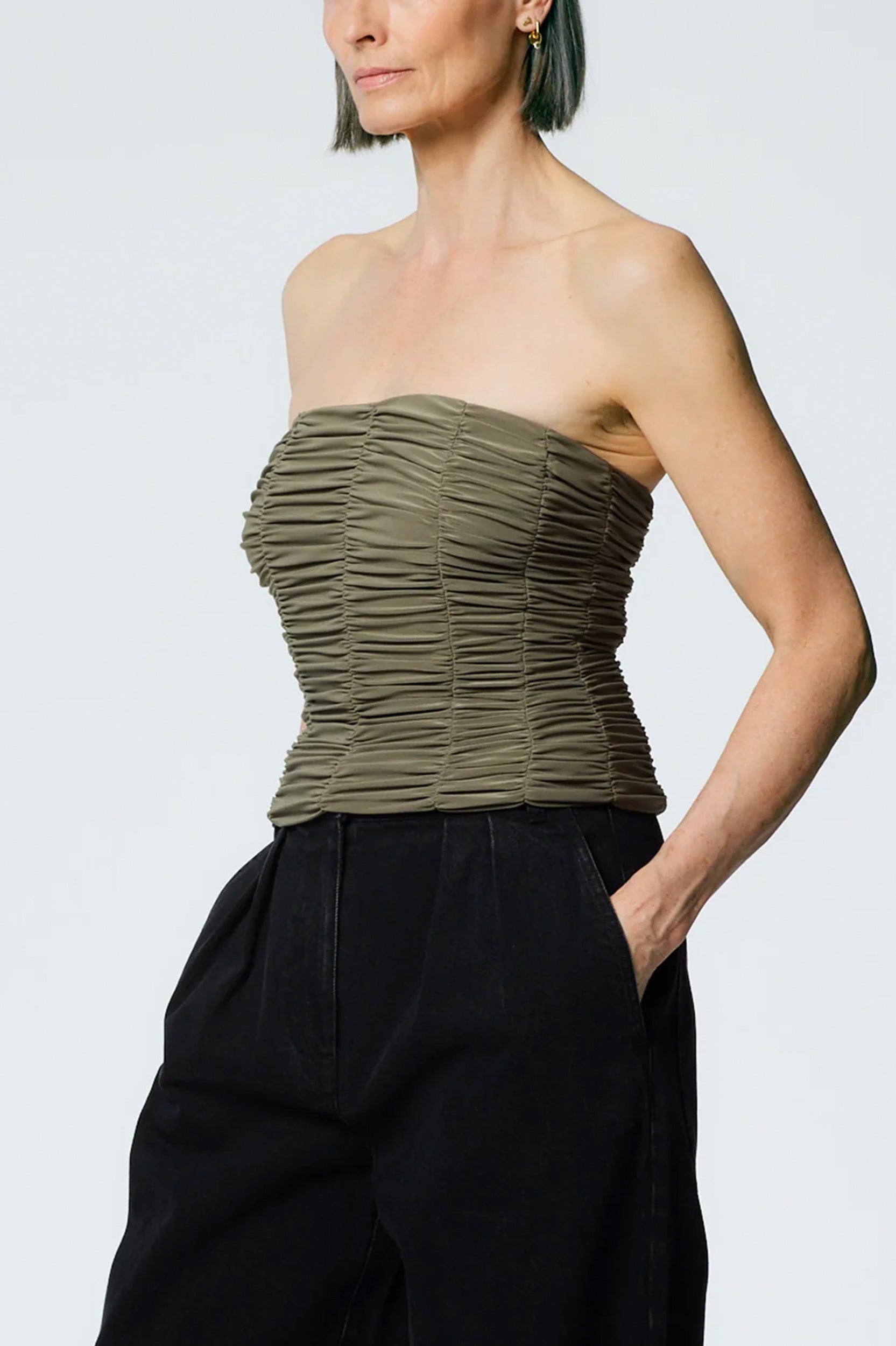 Drapey Jersey Ruched Strapless Top in Granite