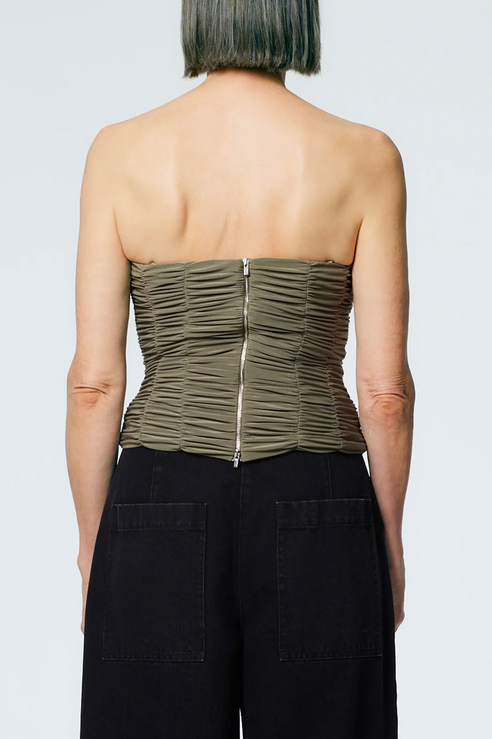 Drapey Jersey Ruched Strapless Top in Granite