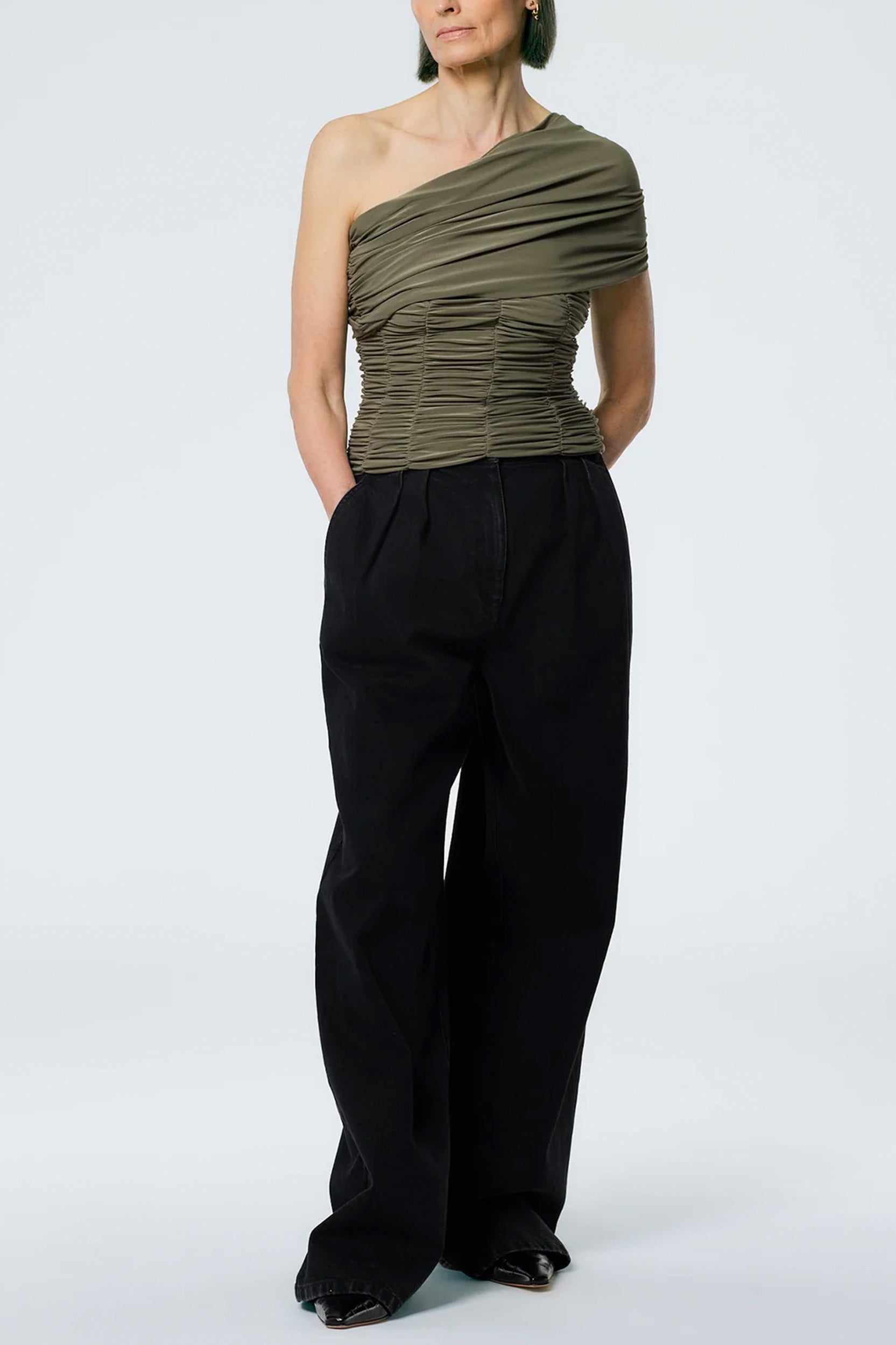 Drapey Jersey Ruched Strapless Top in Granite