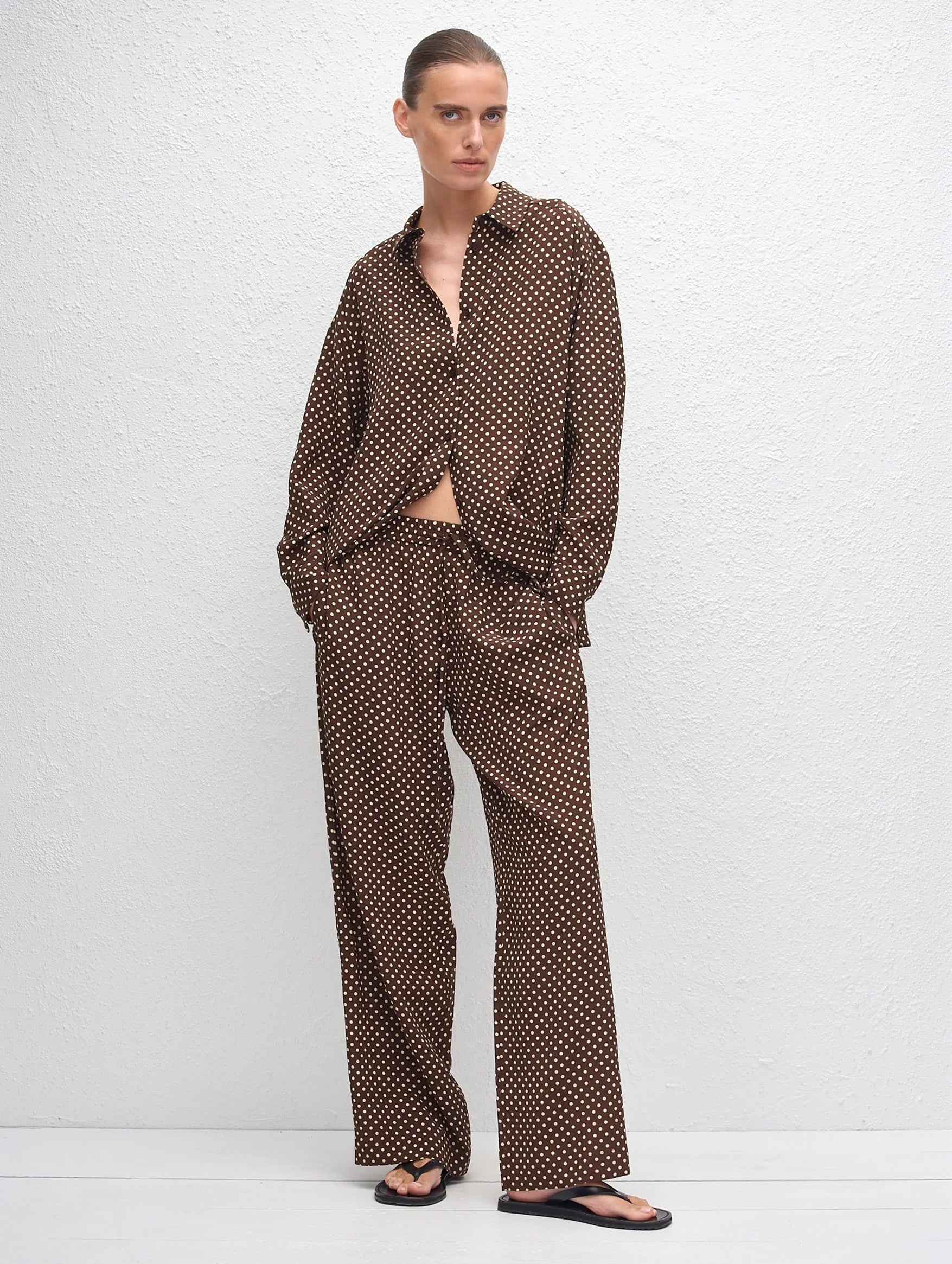 Drawstring Trouser in Polka Dot Chocolate