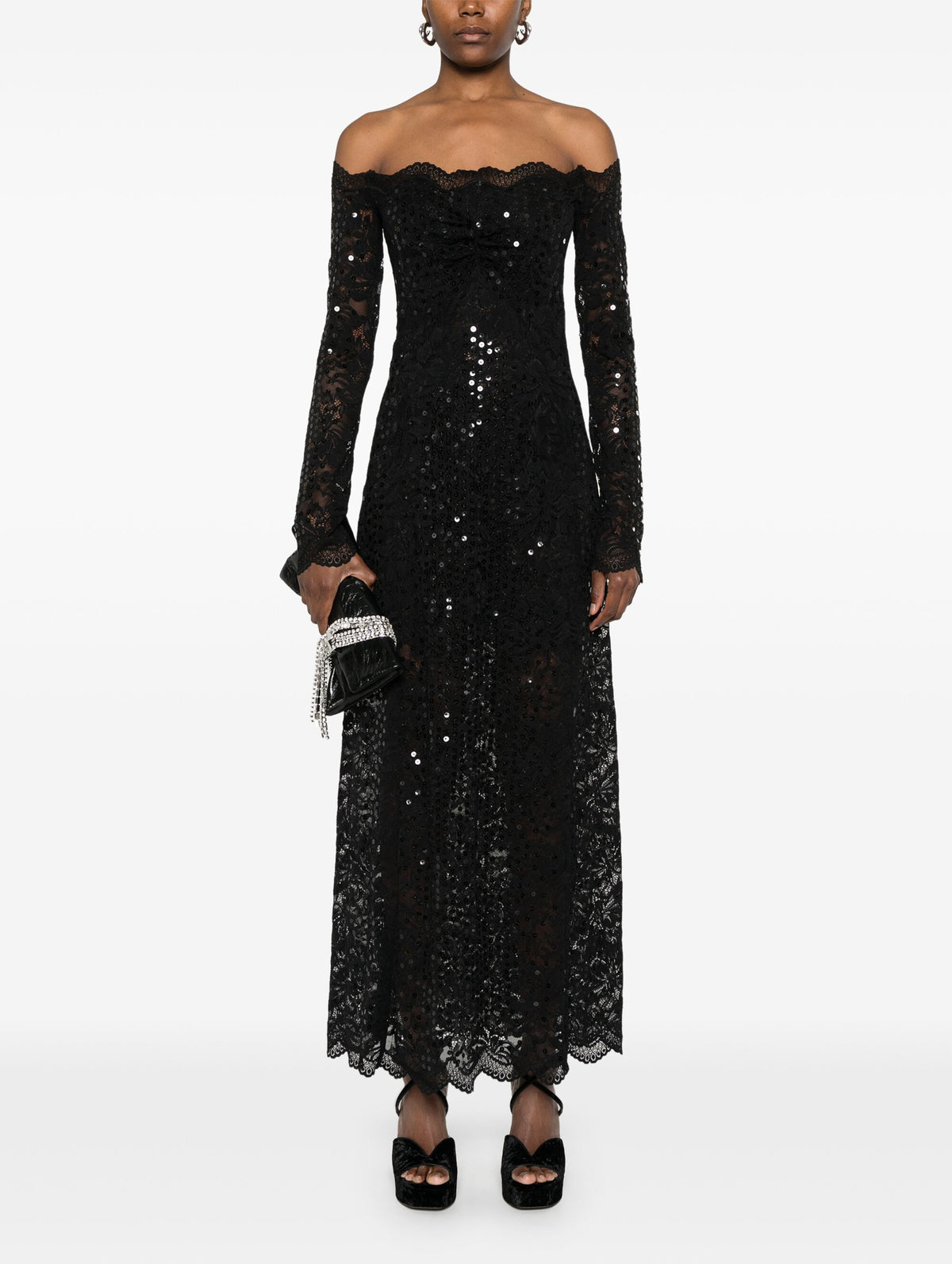 Off Shoulder Sequin Lace Dress in Black