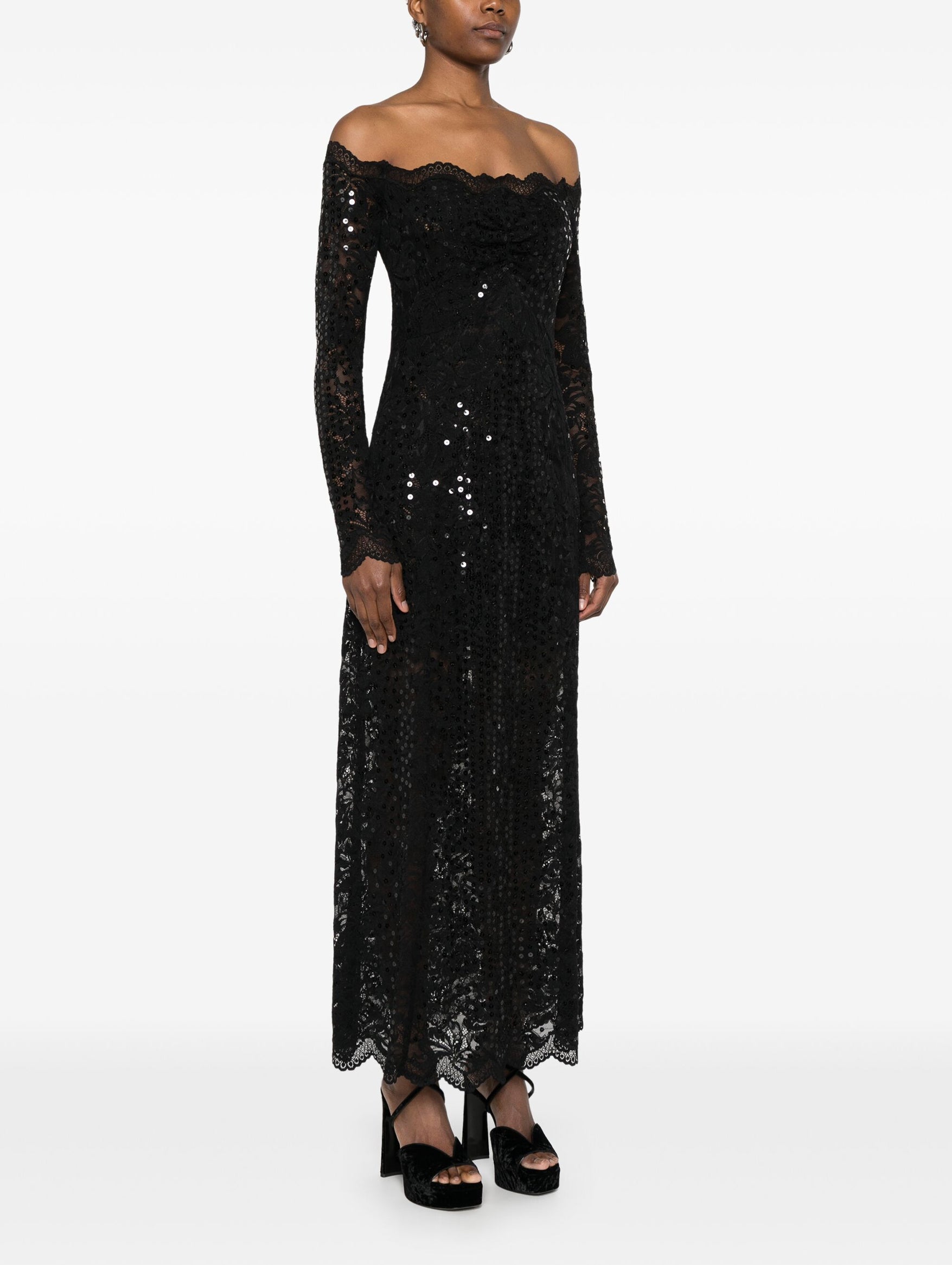 Off Shoulder Sequin Lace Dress in Black