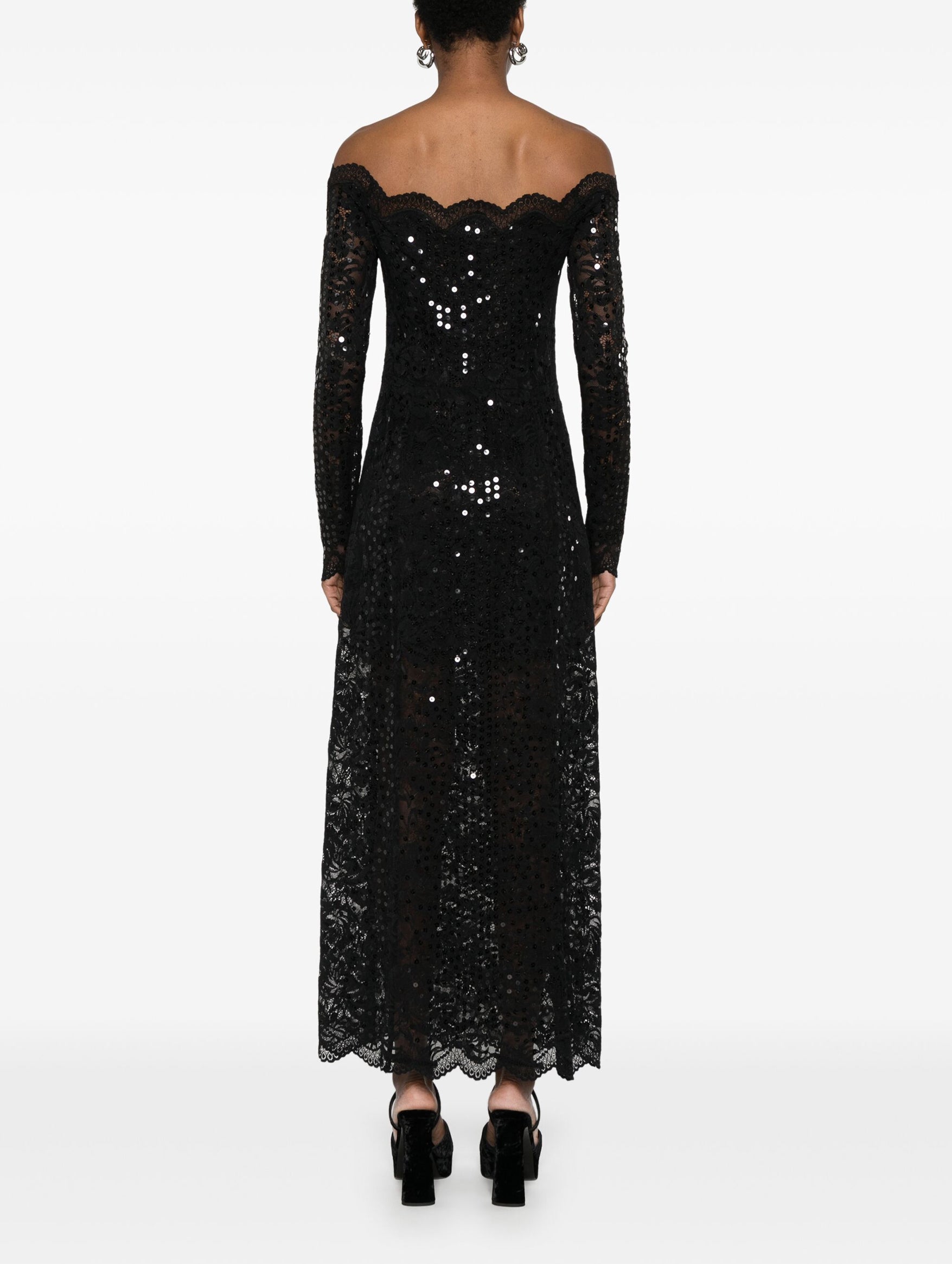 Off Shoulder Sequin Lace Dress in Black