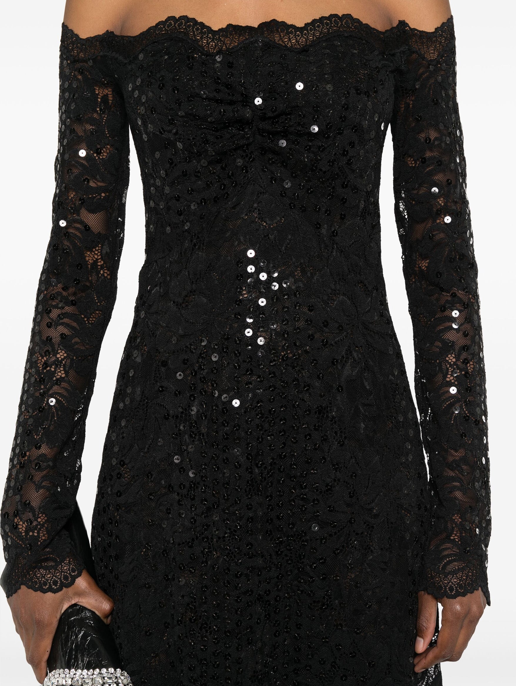 Off Shoulder Sequin Lace Dress in Black