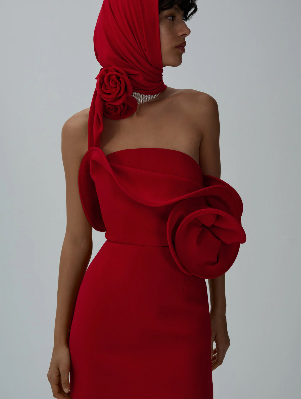 Sculptural Rose Mini Dress in Red