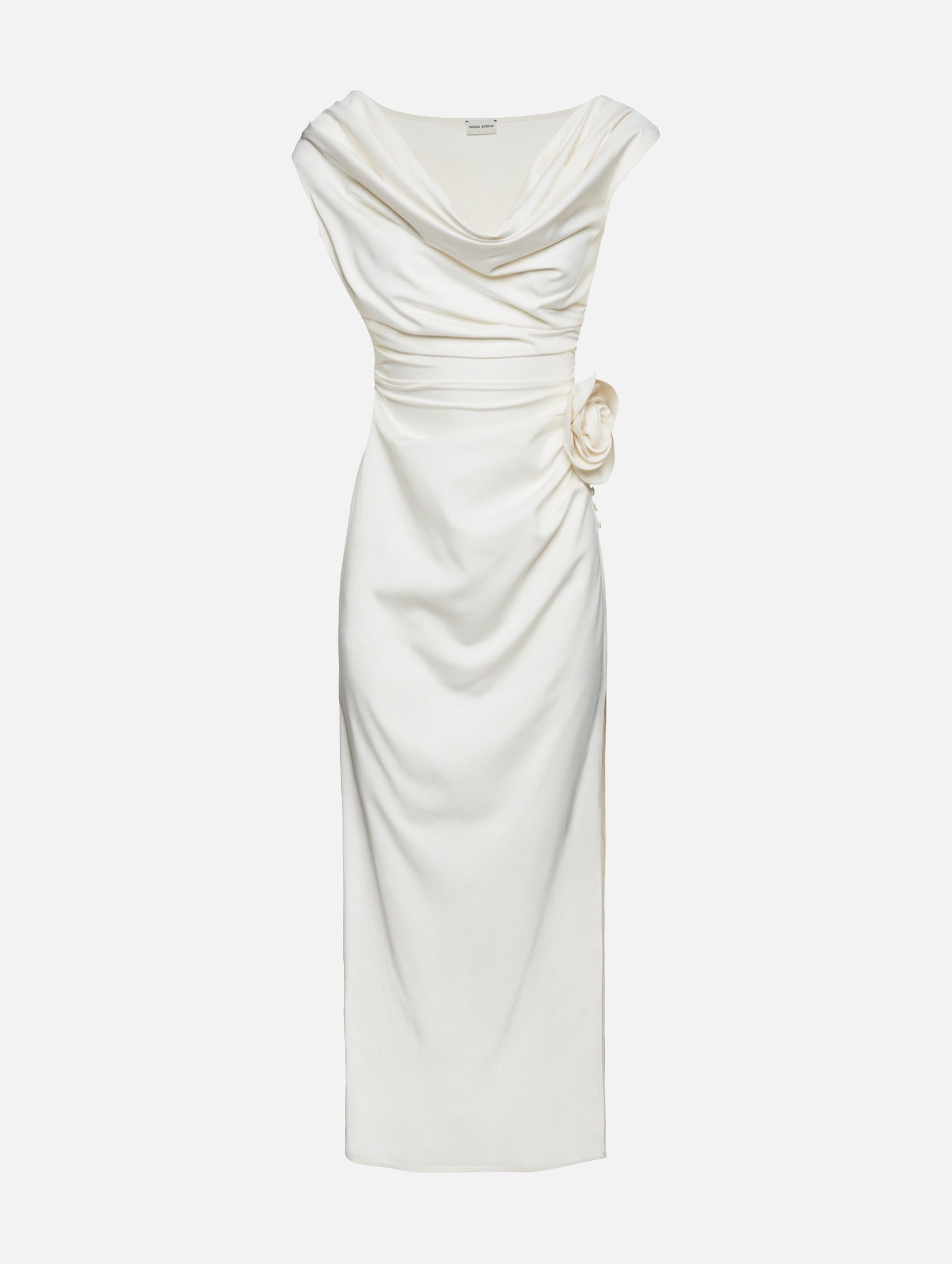 Wrap Shoulder Silk Midi Dress in Cream