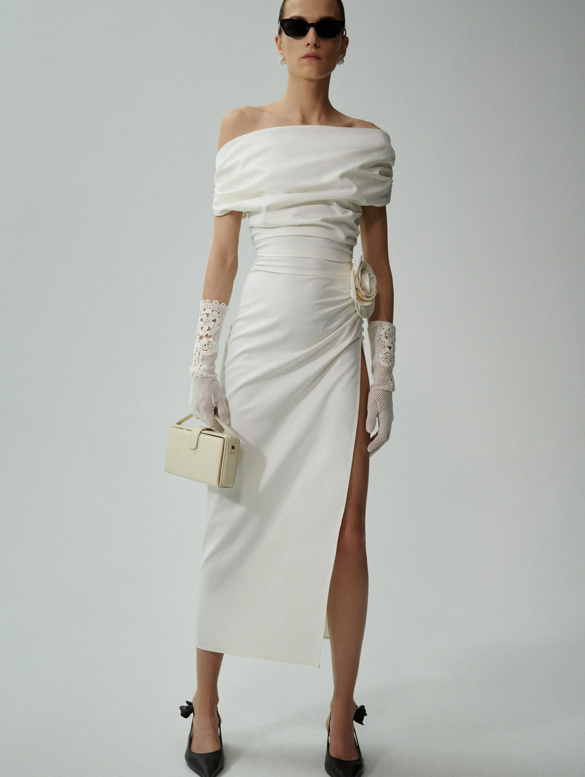 Wrap Shoulder Silk Midi Dress in Cream