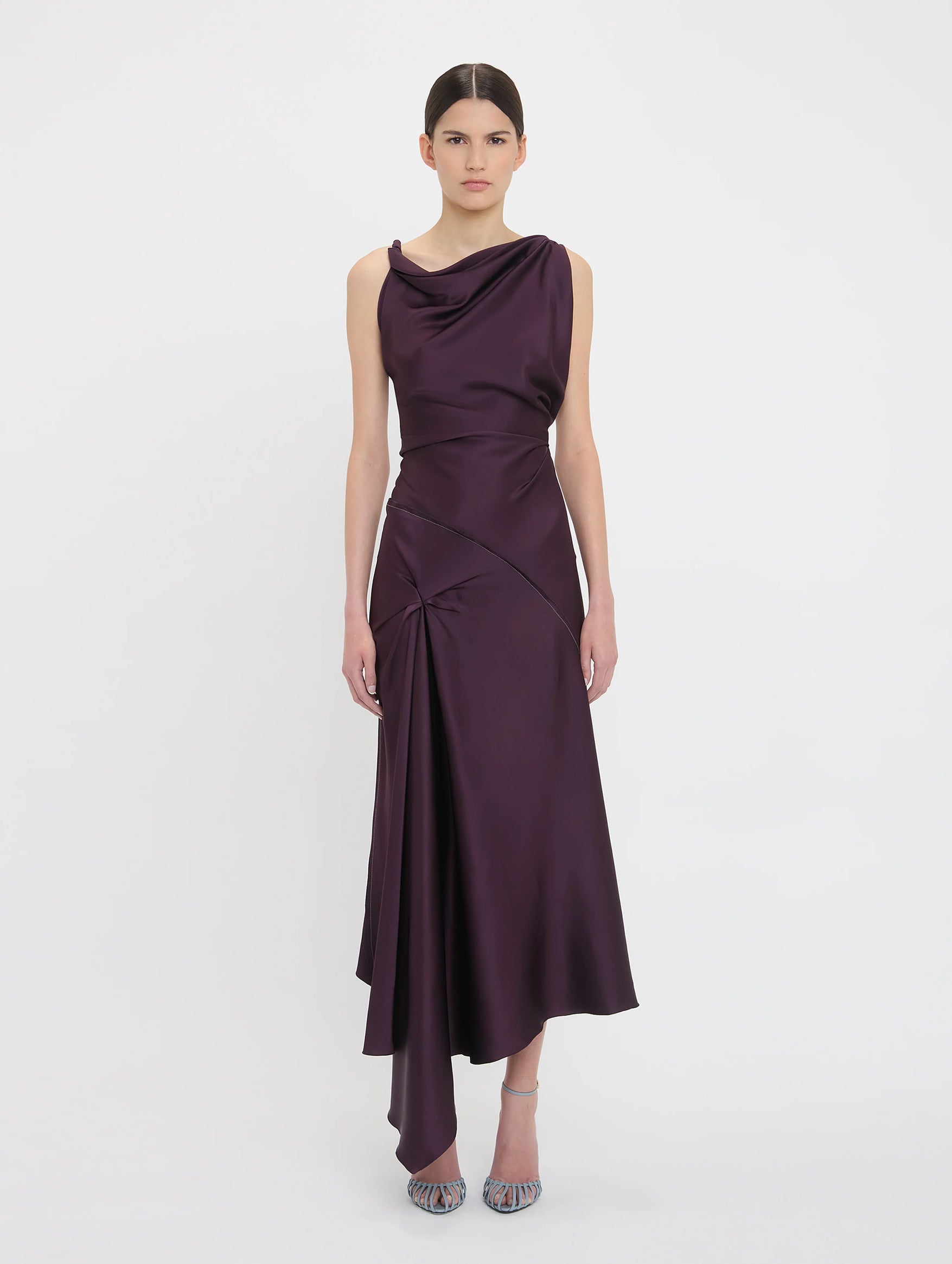 Asymmetric Draped Midi Dress in Fig