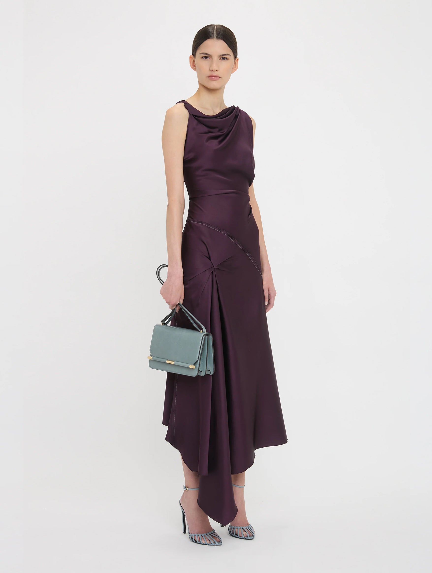 Asymmetric Draped Midi Dress in Fig