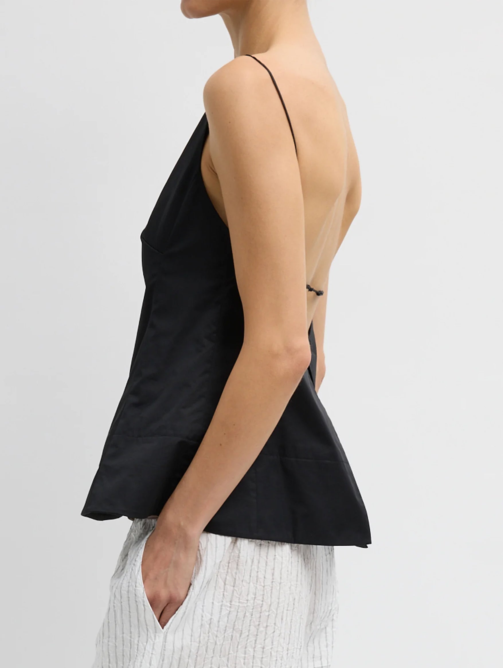 Eco Poplin Strappy Open Back Top in Black