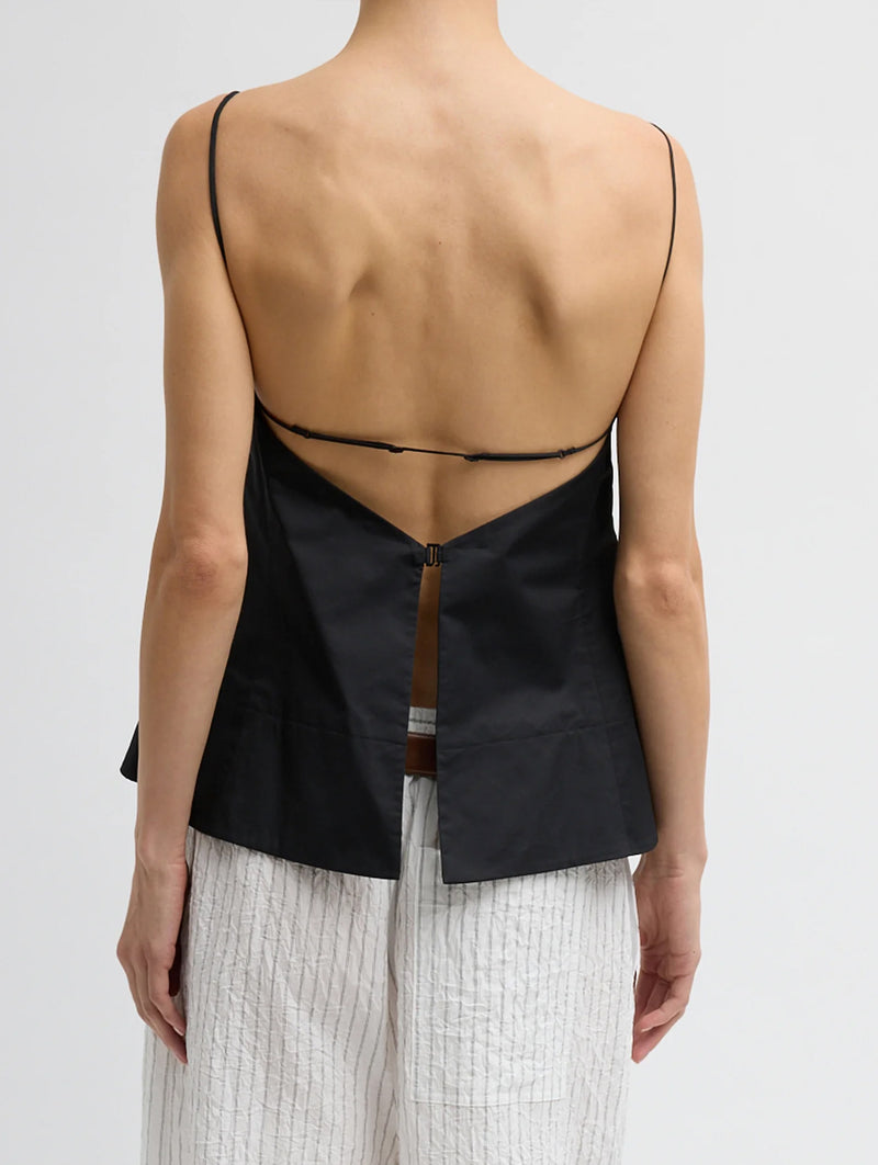 Eco Poplin Strappy Open Back Top in Black