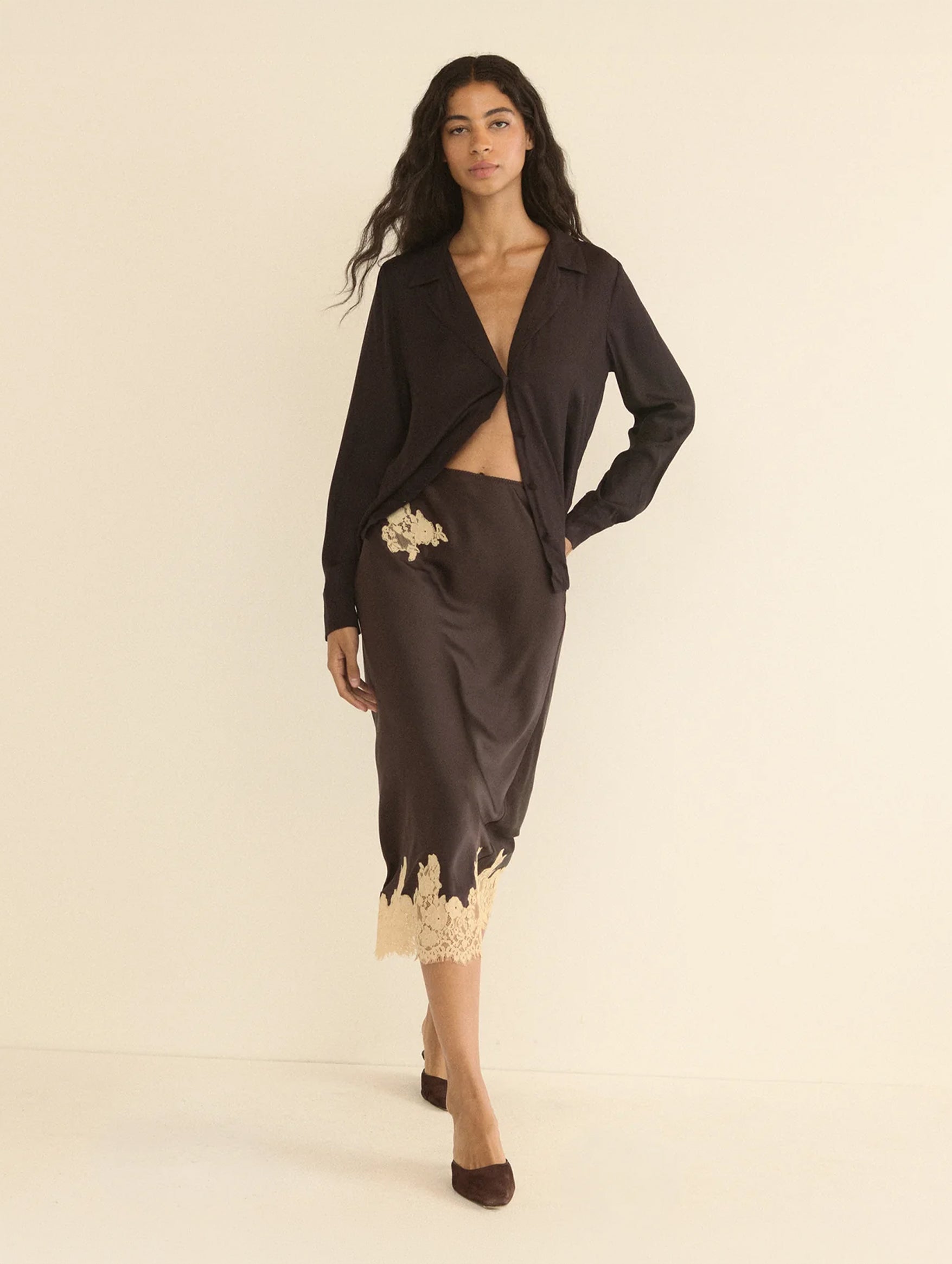 Elowen Skirt in Equestrian Brown with Cream Lace