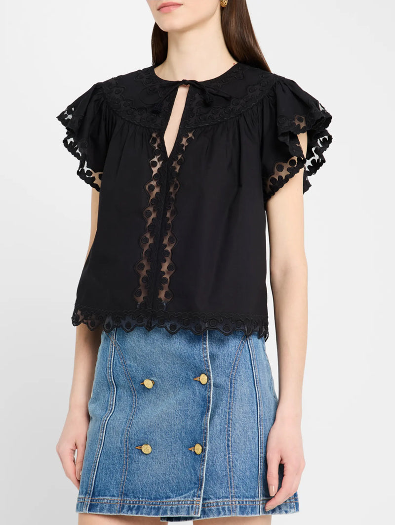 Effie Flutter Sleeve Top in Noir
