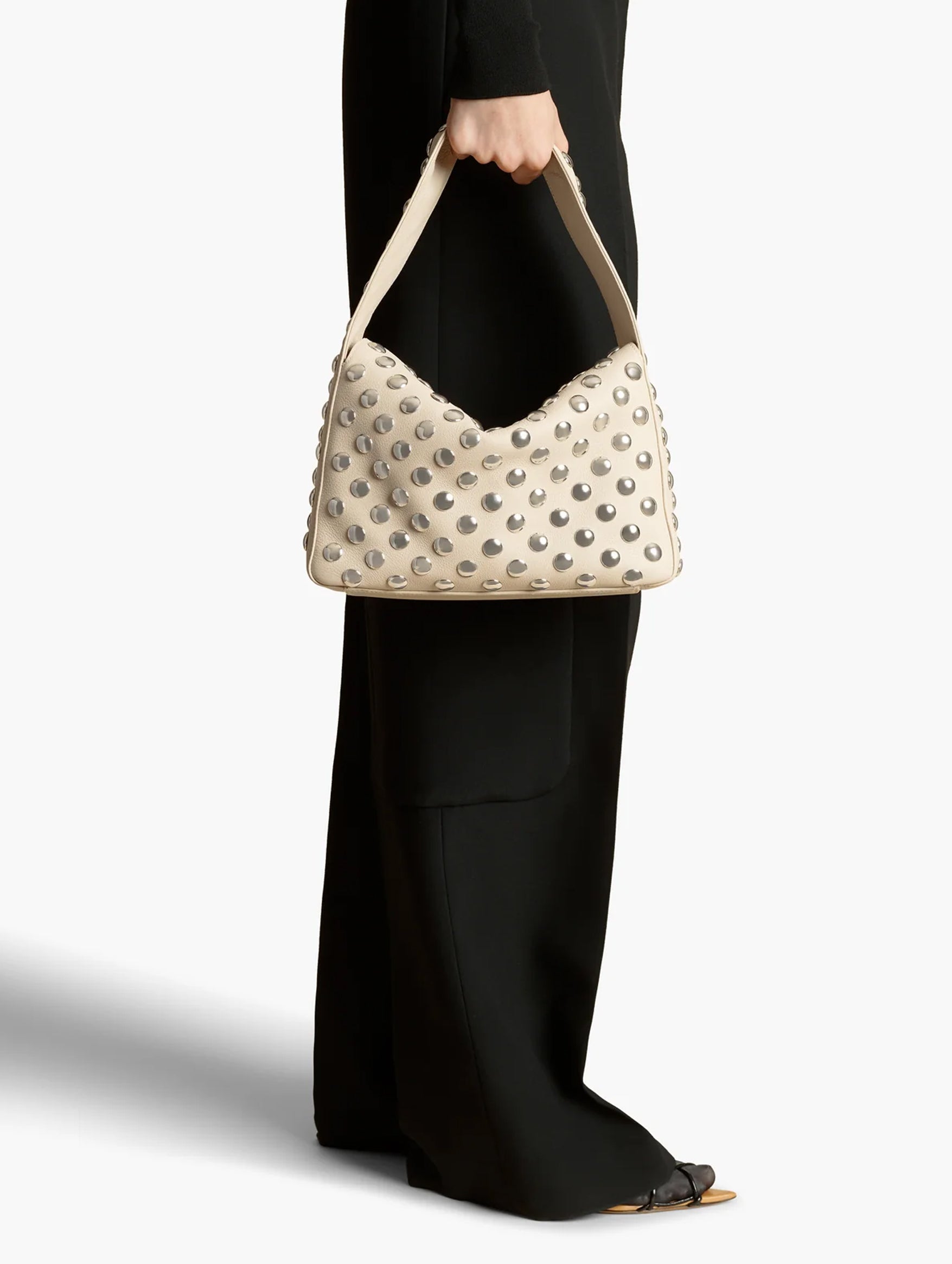 Elena Shoulder Bag with Silver Studs in Dark Ivory