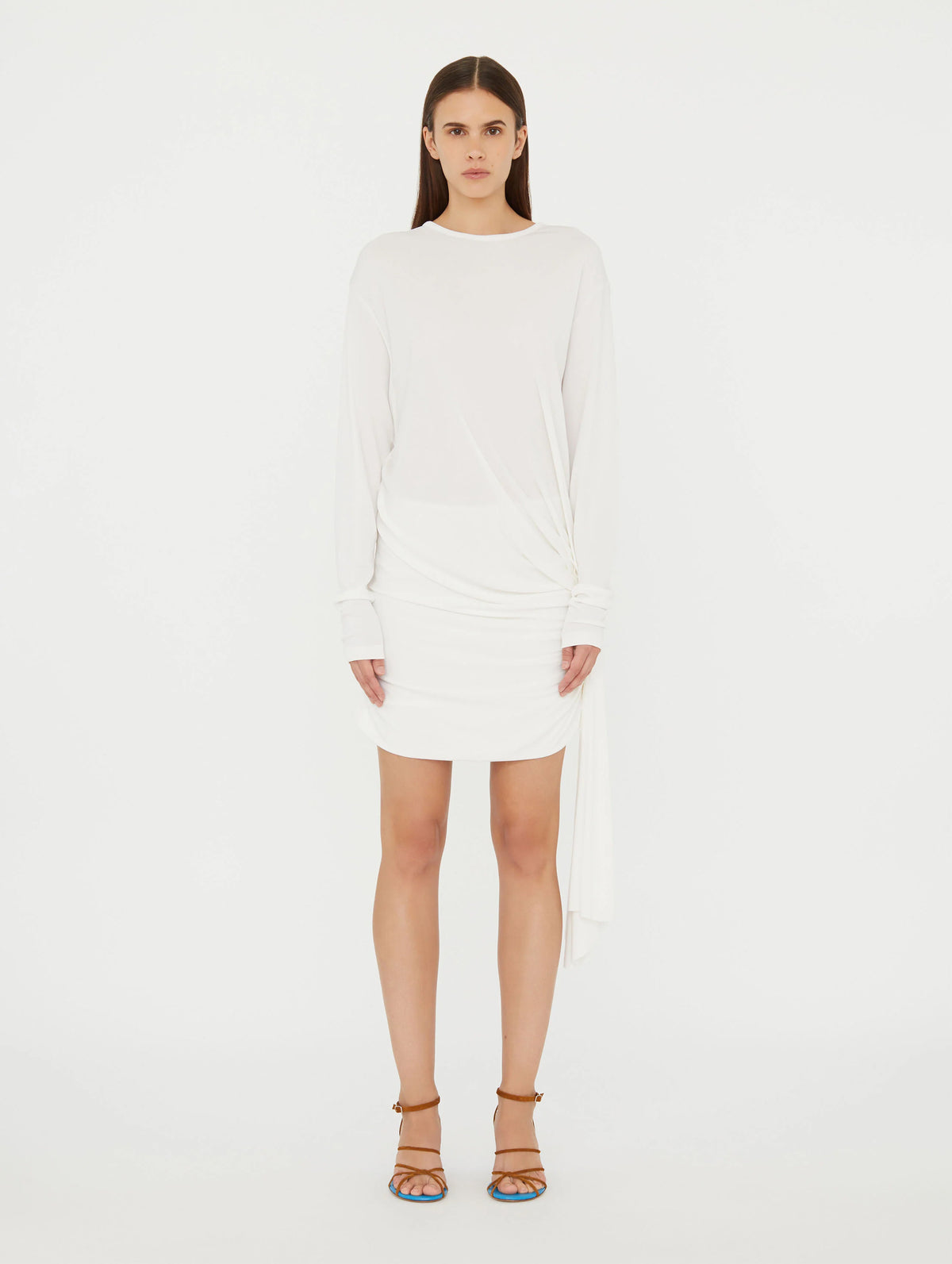 Side Cowl Drape Extension Dress in White