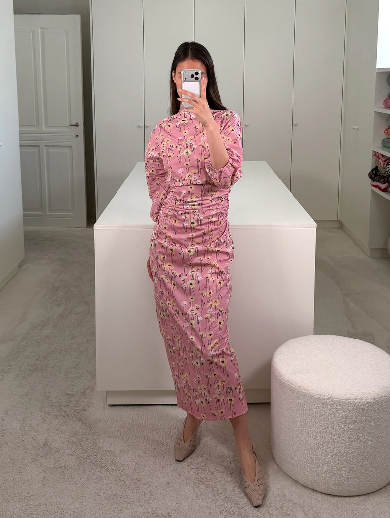 Ezra Dress in Small Poppies Yellow on Pink