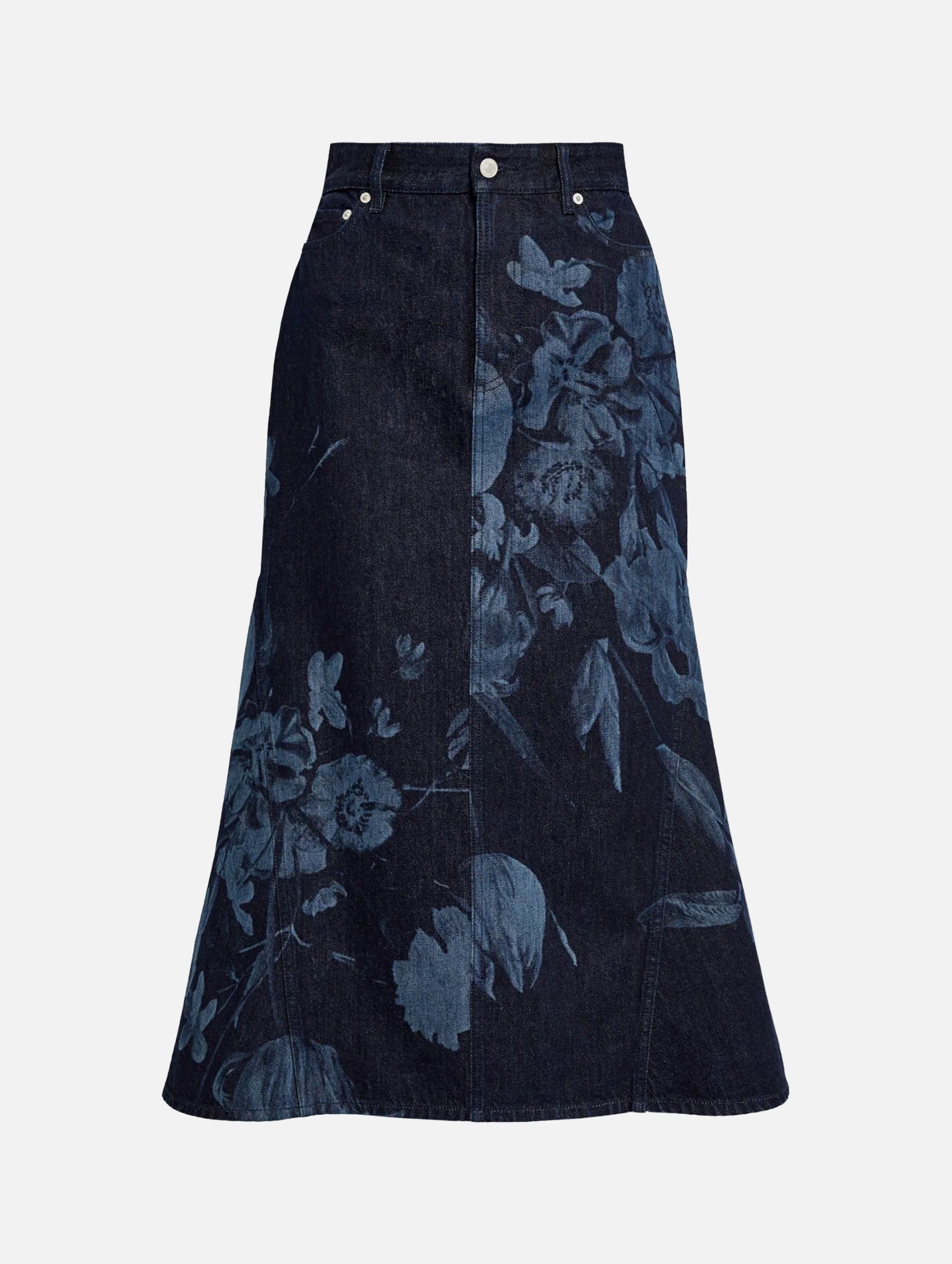 Fluted Midi Skirt in Dutch Flower Painting Indigo