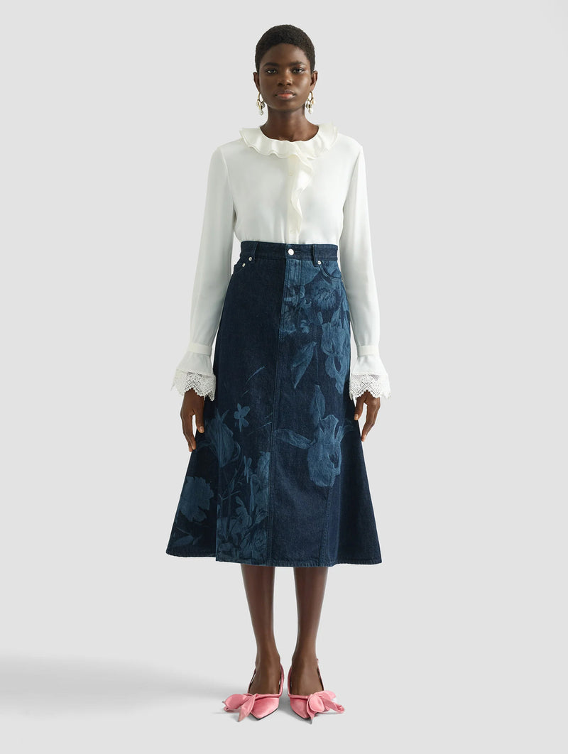 Fluted Midi Skirt in Dutch Flower Painting Indigo