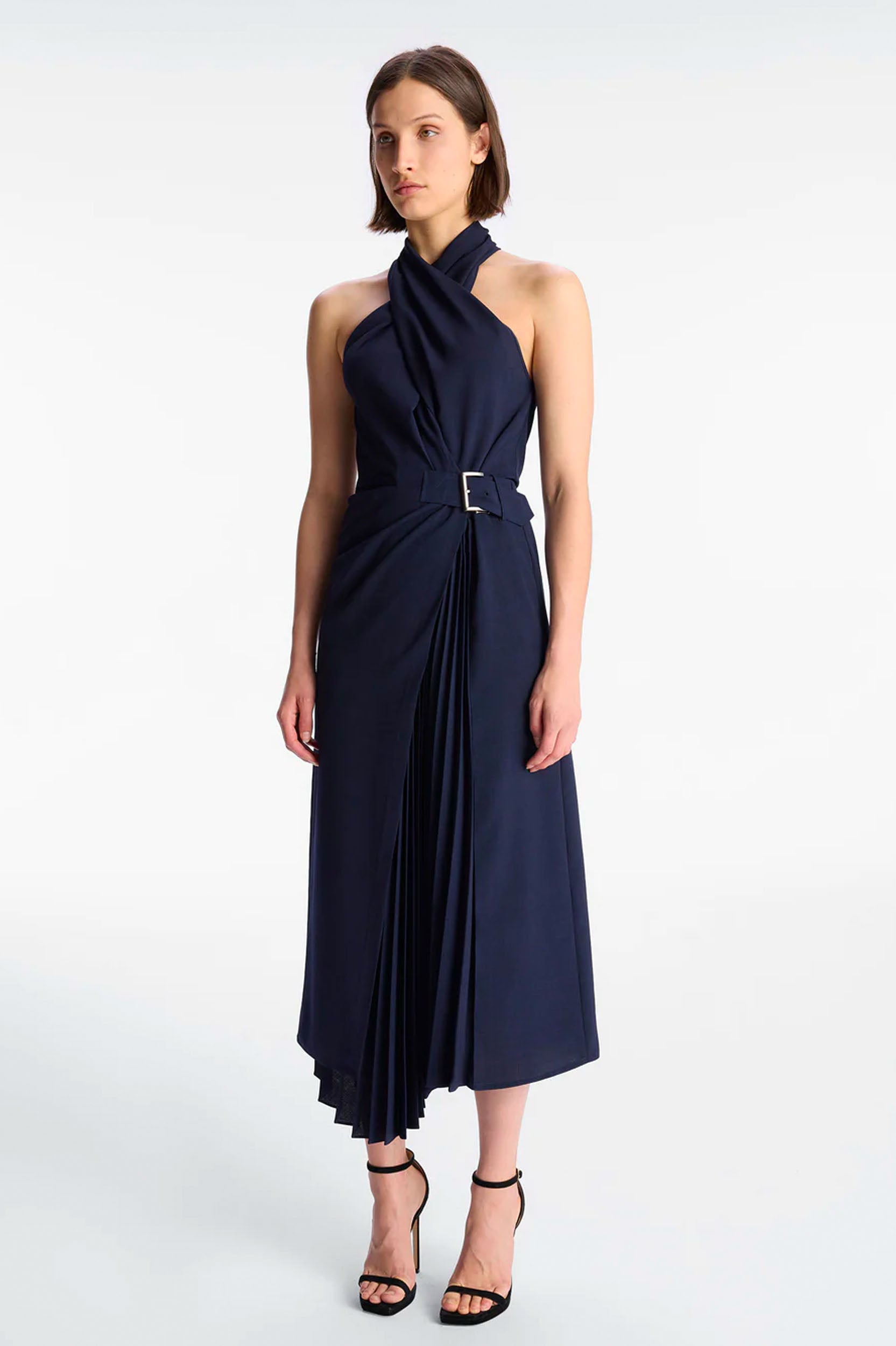 Fiona Pleated Midi Dress in Evening Blue